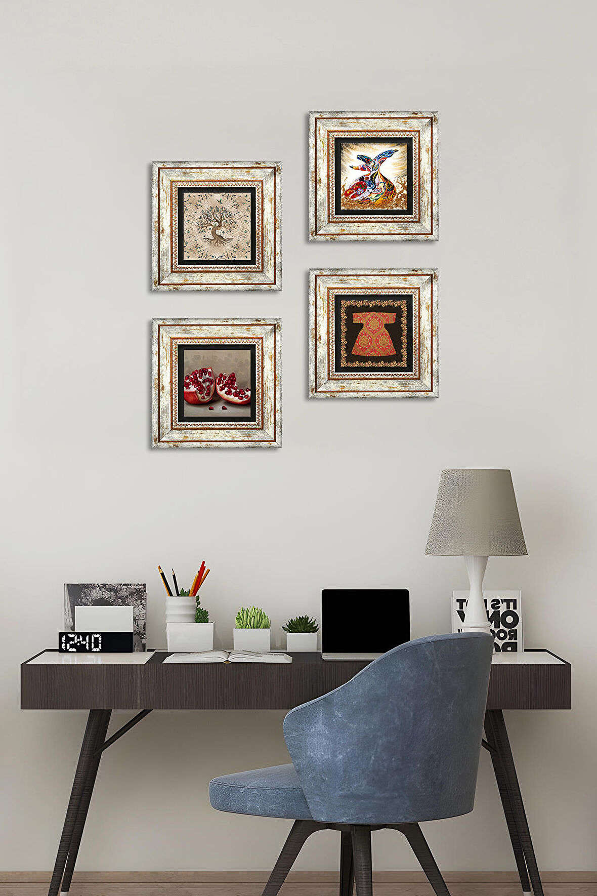 Hırka-i Şerif, Hayat Ağacı, Semazen, Nar Taş Duvar Tablosu Çerçeveli Duvar Dekoru 4 Parça Tablo Seti Wall Art