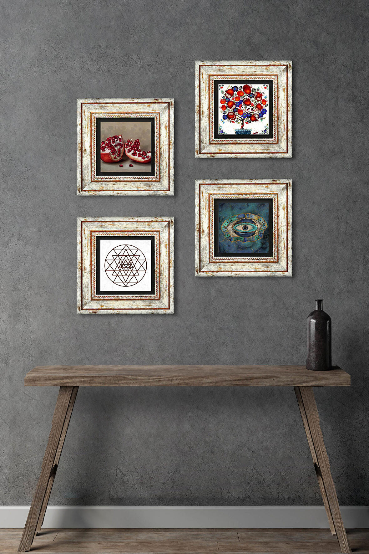 Nazar, Sri Yantra, Nar, Nar Ağacı Taş Duvar Tablosu Çerçeveli Duvar Dekoru 4 Parça Tablo Seti Wall Art