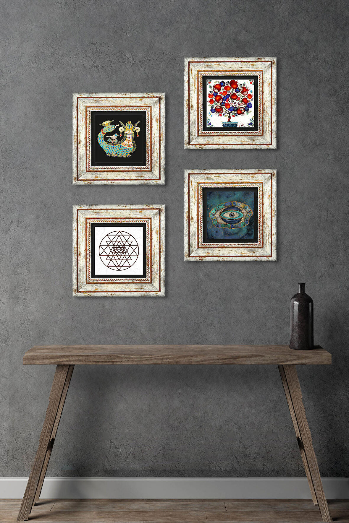 Nazar, Sri Yantra, Şahmeran, Nar Ağacı Taş Duvar Tablosu Çerçeveli Duvar Dekoru 4 Parça Tablo Seti Wall Art