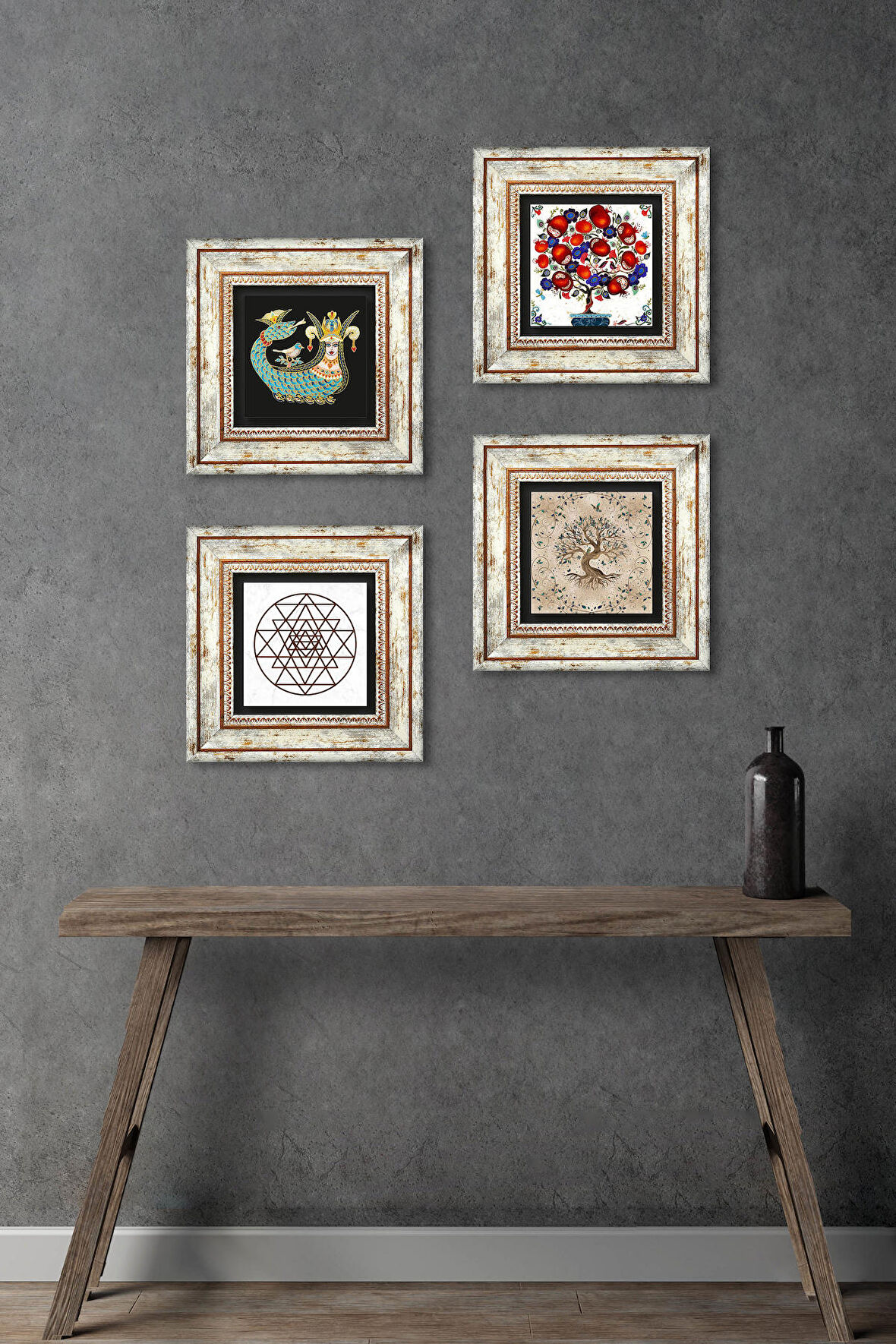 Sri Yantra, Şahmeran, Hayat Ağacı, Nar Ağacı Taş Duvar Tablosu Çerçeveli Duvar Dekoru 4 Parça Tablo Seti Wall Art