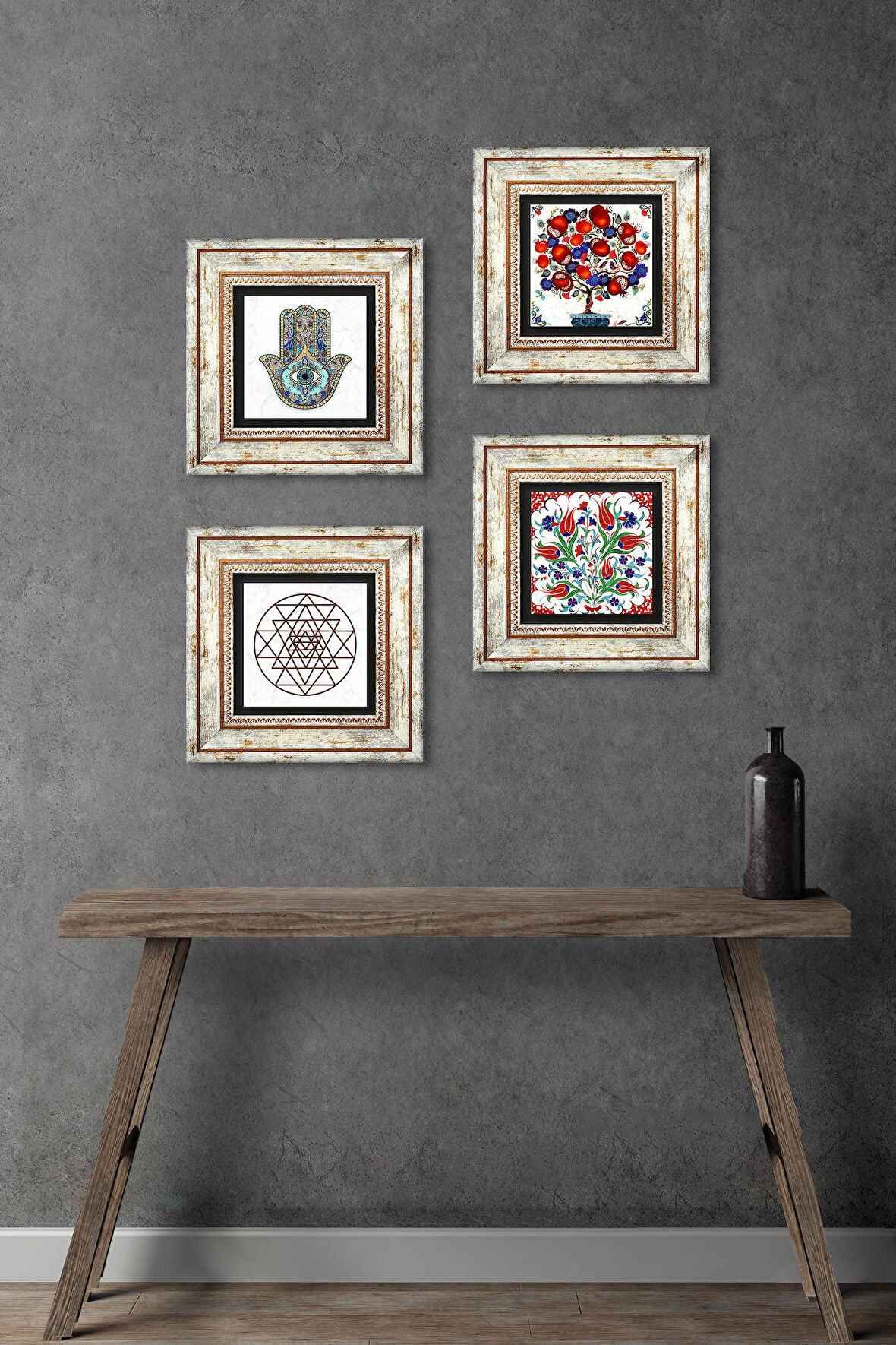 Lale, Sri Yantra, Nar Ağacı, Fatma Ana Eli (Hamsa) Taş Duvar Tablosu Çerçeveli Duvar Dekoru 4 Parça Tablo Seti Wall Art