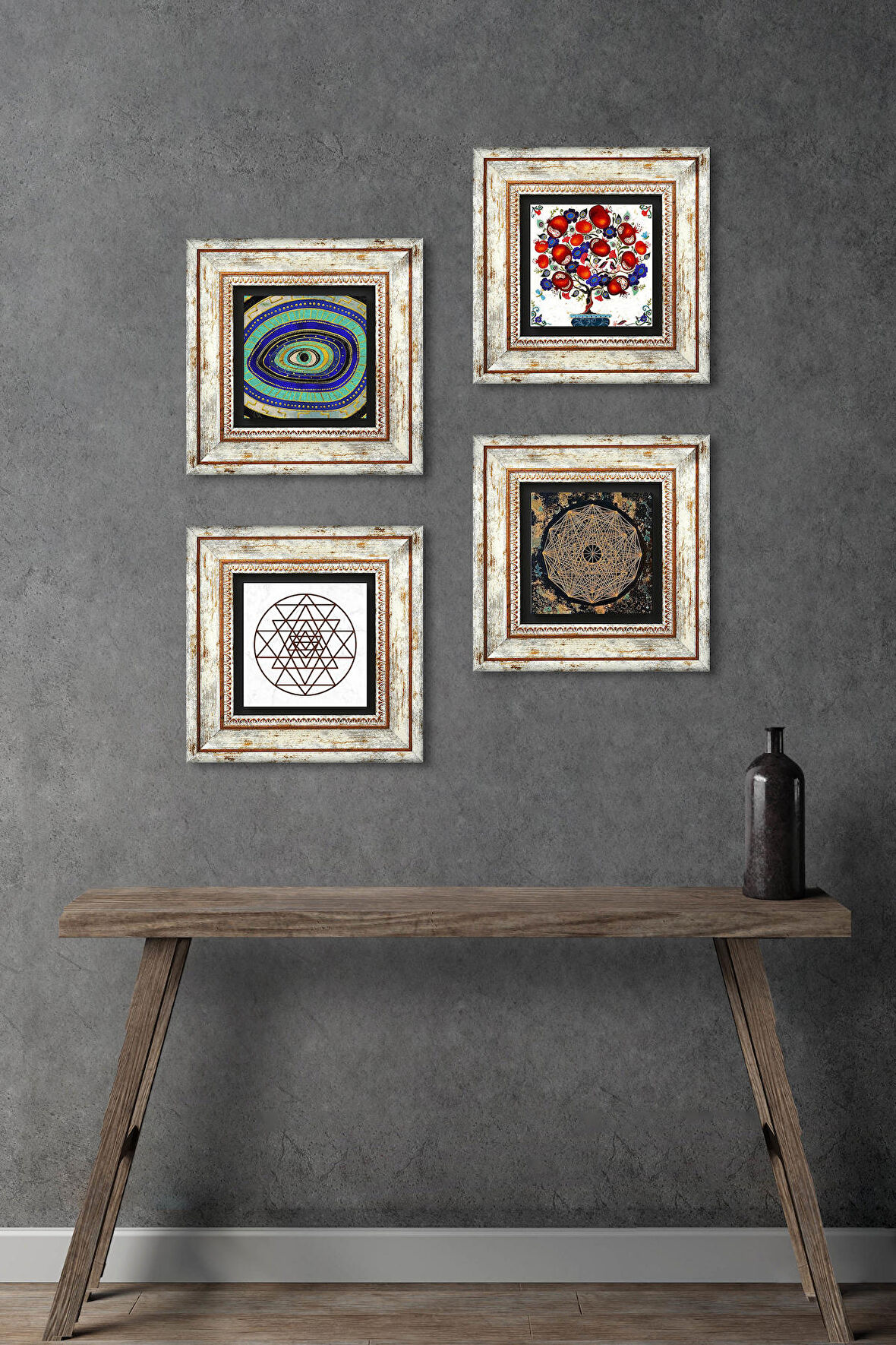 Nazar, Sri Yantra, Nar Ağacı Taş Duvar Tablosu Çerçeveli Duvar Dekoru 4 Parça Tablo Seti Wall Art