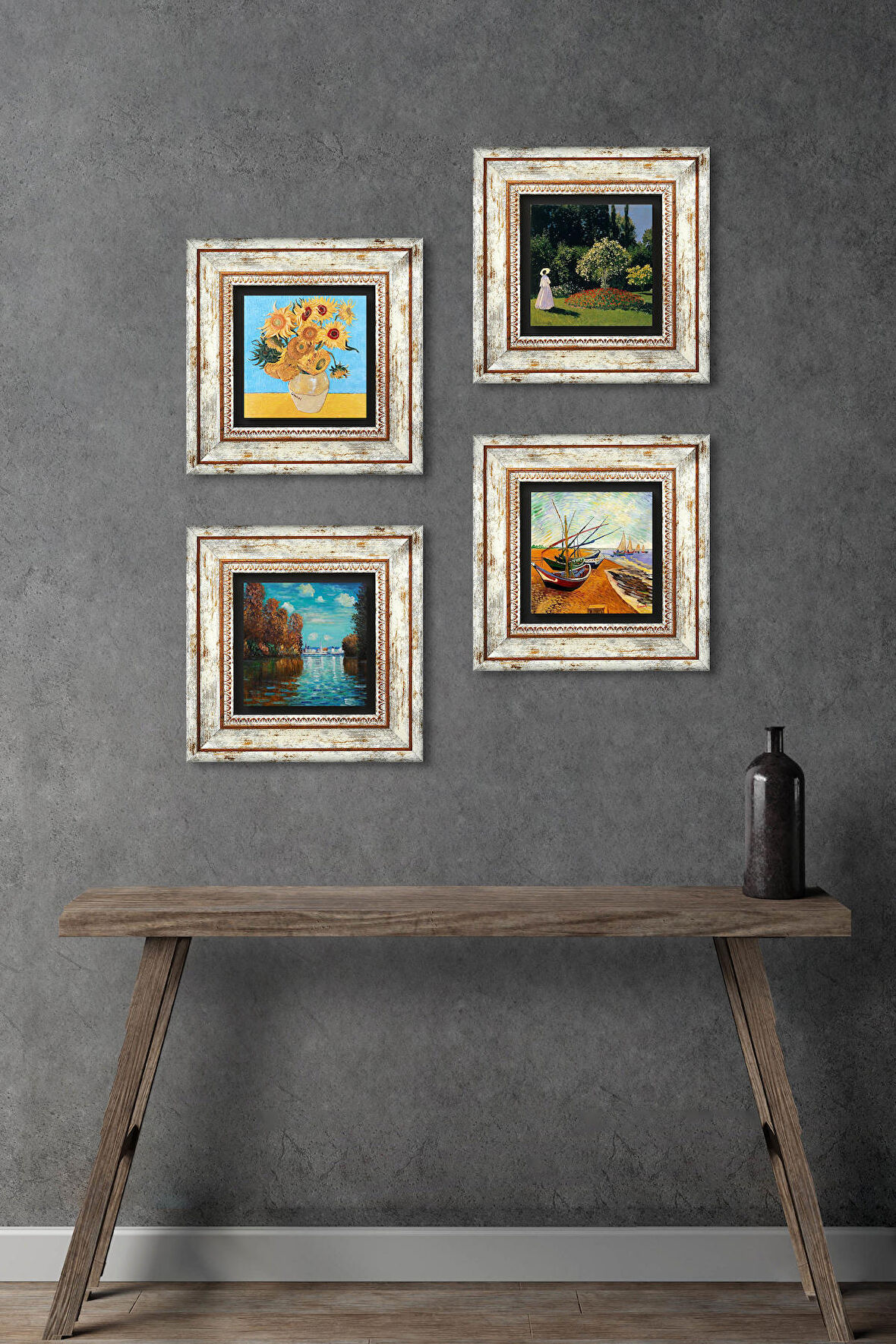 Van Gogh, Claude Monet Taş Duvar Tablosu Çerçeveli Duvar Dekoru 4 Parça Tablo Seti Wall Art