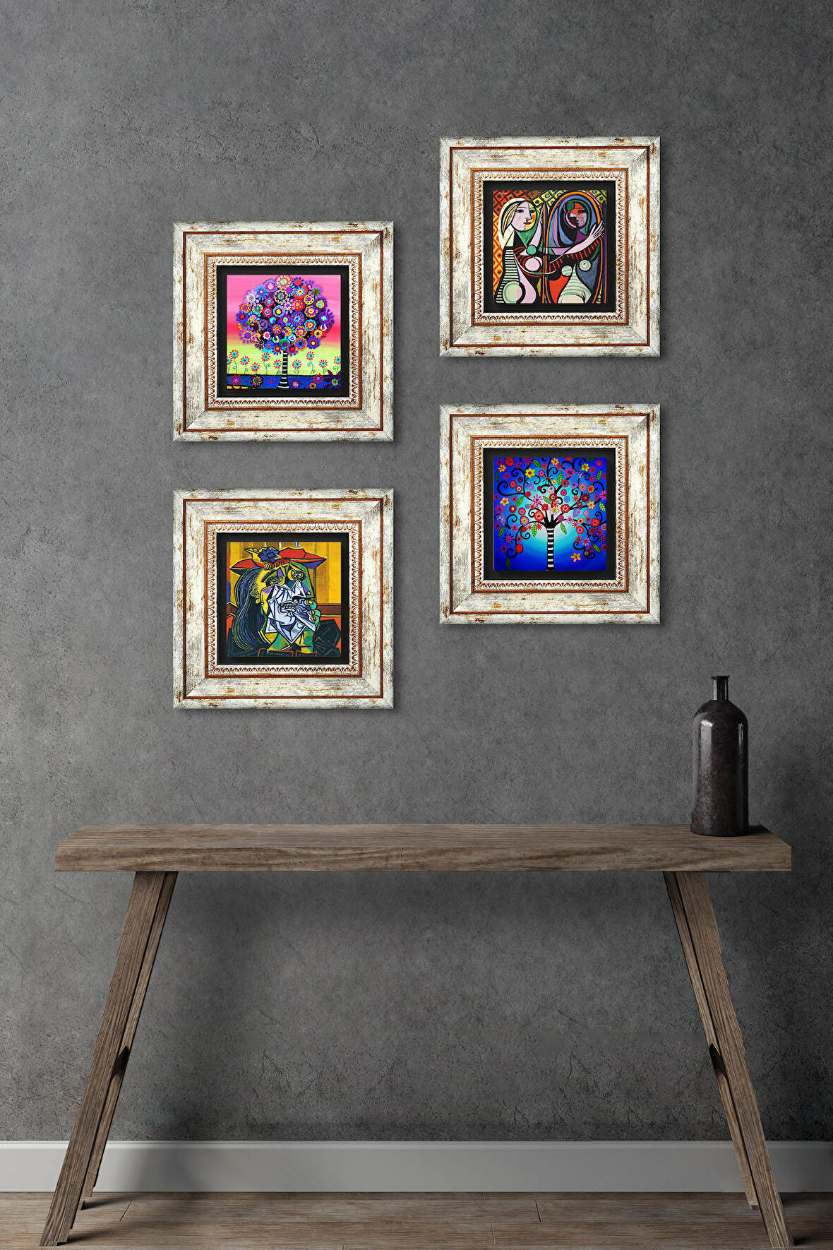 Picasso Ağlayan Kadın, Ayna Karşısındaki Kız, Hayat Ağacı Taş Duvar Tablosu Çerçeveli Duvar Dekoru 4 Parça Tablo Seti Wall Art