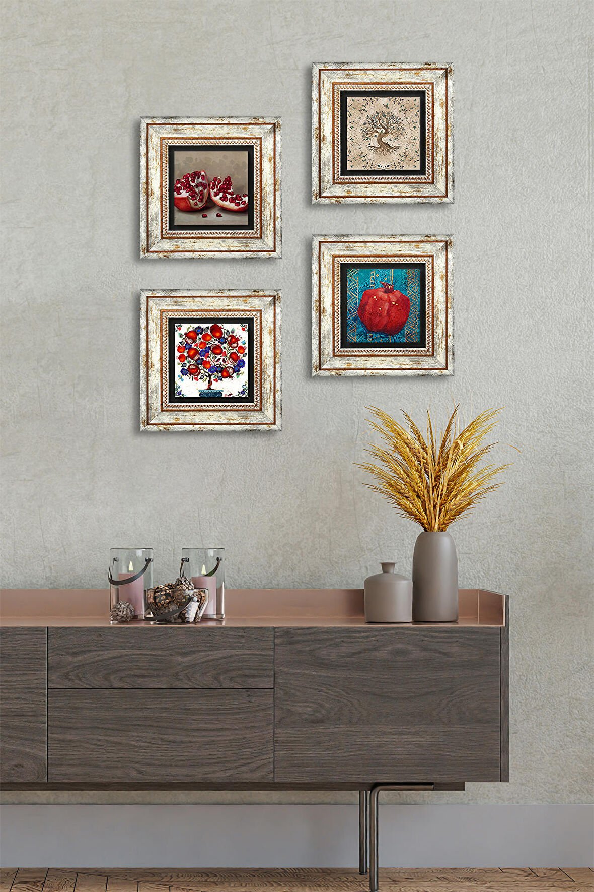 Hayat Ağacı, Nar Ağacı, Nar Taş Duvar Tablosu Çerçeveli Duvar Dekoru 4 Parça Tablo Seti Wall Art