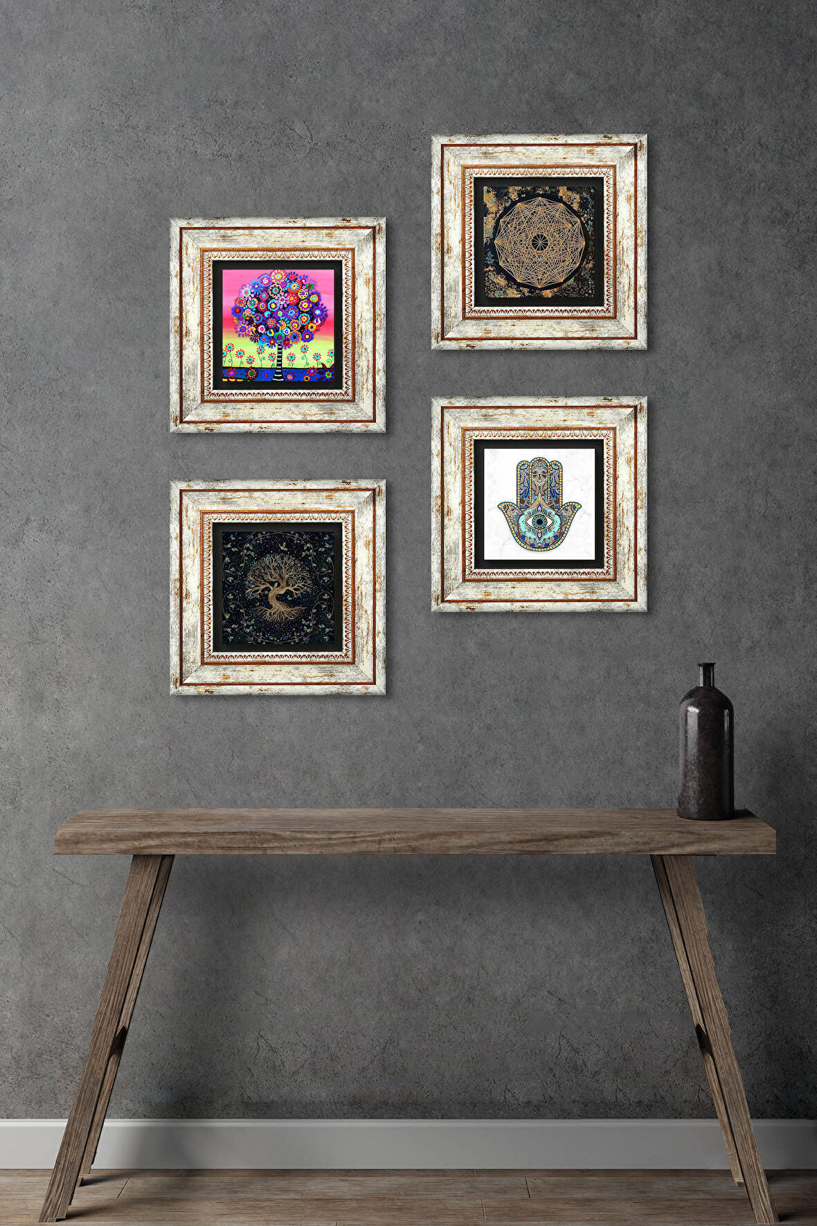 Sri Yantra, Hayat Ağacı, Fatma Ana Eli (Hamsa) Taş Duvar Tablosu Çerçeveli Duvar Dekoru 4 Parça Tablo Seti Wall Art