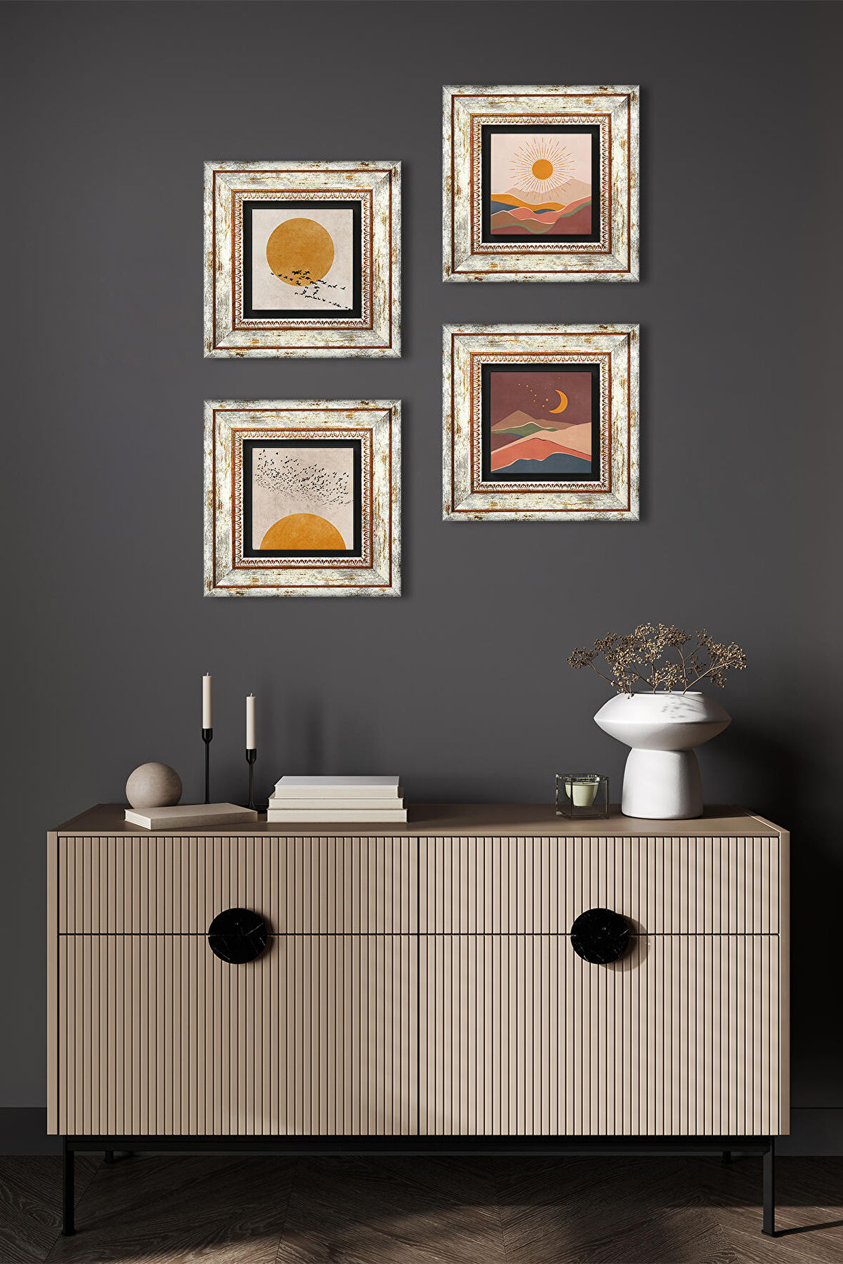 Minimalist, Bohem Taş Duvar Tablosu Çerçeveli Duvar Dekoru 4 Parça Tablo Seti Wall Art