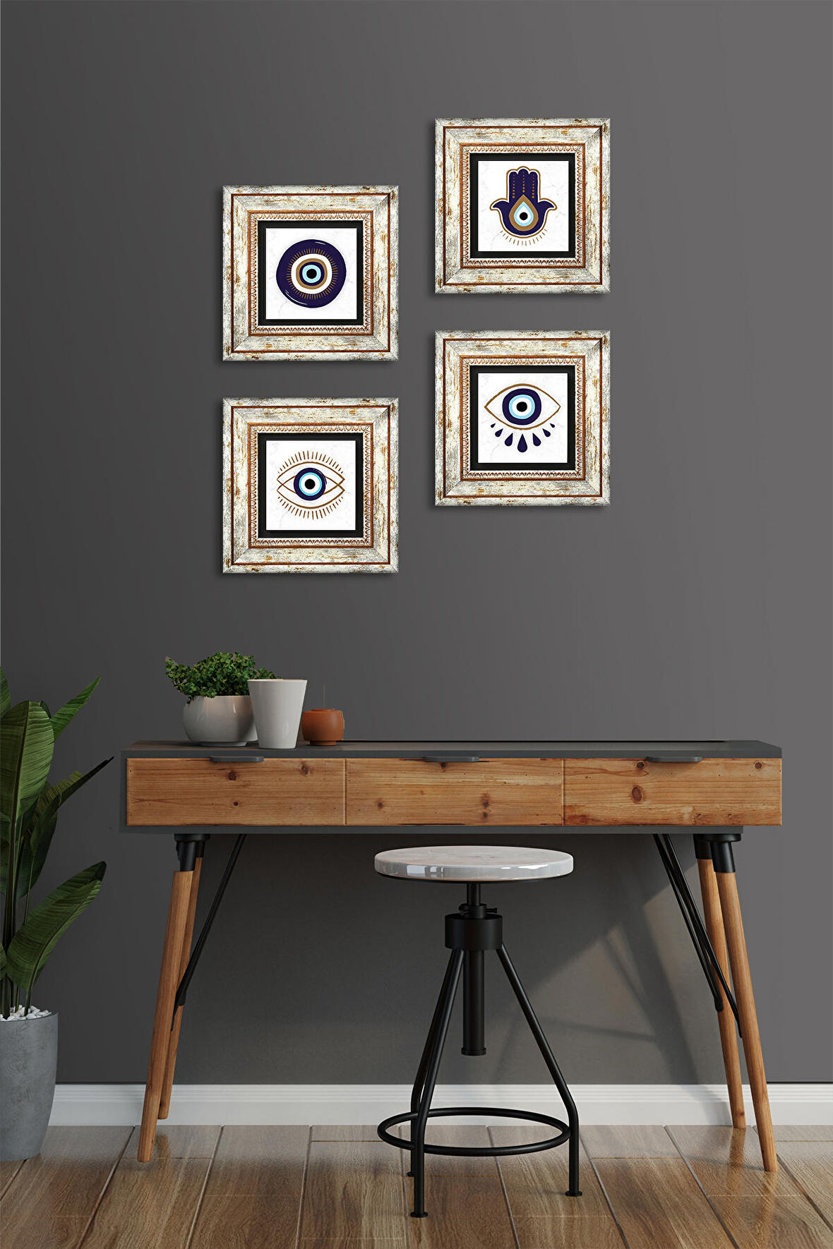 Fatma Ana Eli (Hamsa), Nazar Taş Duvar Tablosu Çerçeveli Duvar Dekoru 4 Parça Tablo Seti Wall Art