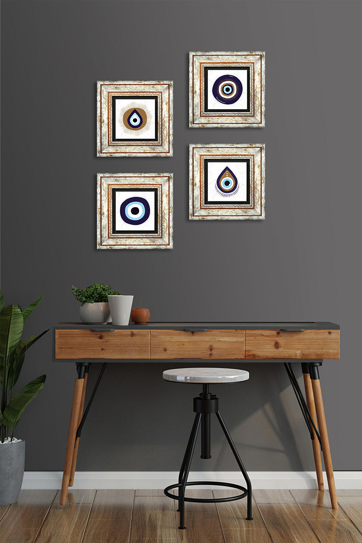 Nazar Taş Duvar Tablosu Çerçeveli Duvar Dekoru 4 Parça Tablo Seti Wall Art