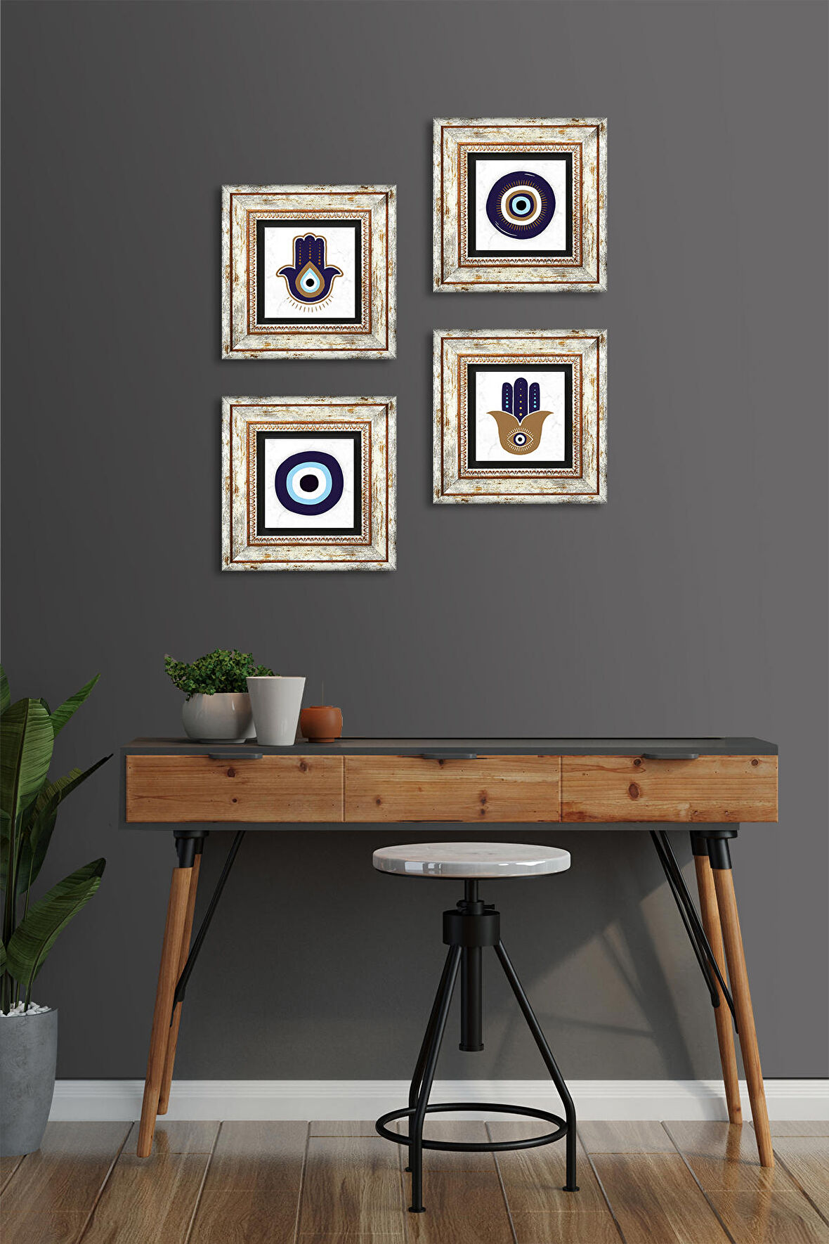 Fatma Ana Eli (Hamsa), Nazar Taş Duvar Tablosu Çerçeveli Duvar Dekoru 4 Parça Tablo Seti Wall Art