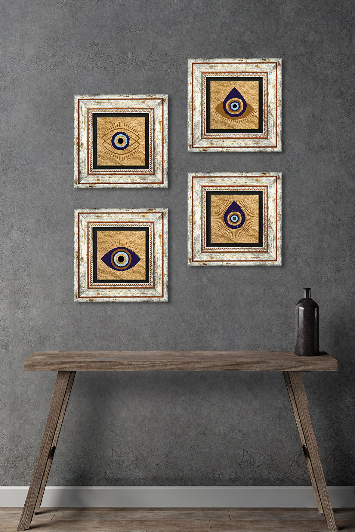 Nazar Taş Duvar Tablosu Çerçeveli Duvar Dekoru 4 Parça Tablo Seti Wall Art