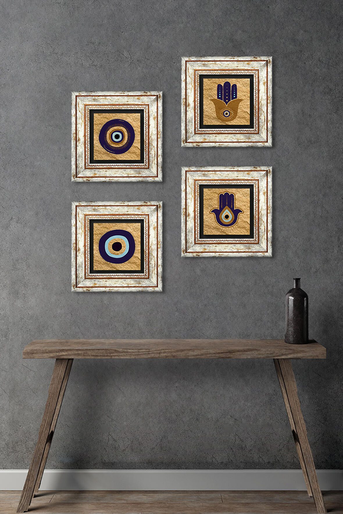 Fatma Ana Eli (Hamsa), Nazar Taş Duvar Tablosu Çerçeveli Duvar Dekoru 4 Parça Tablo Seti Wall Art