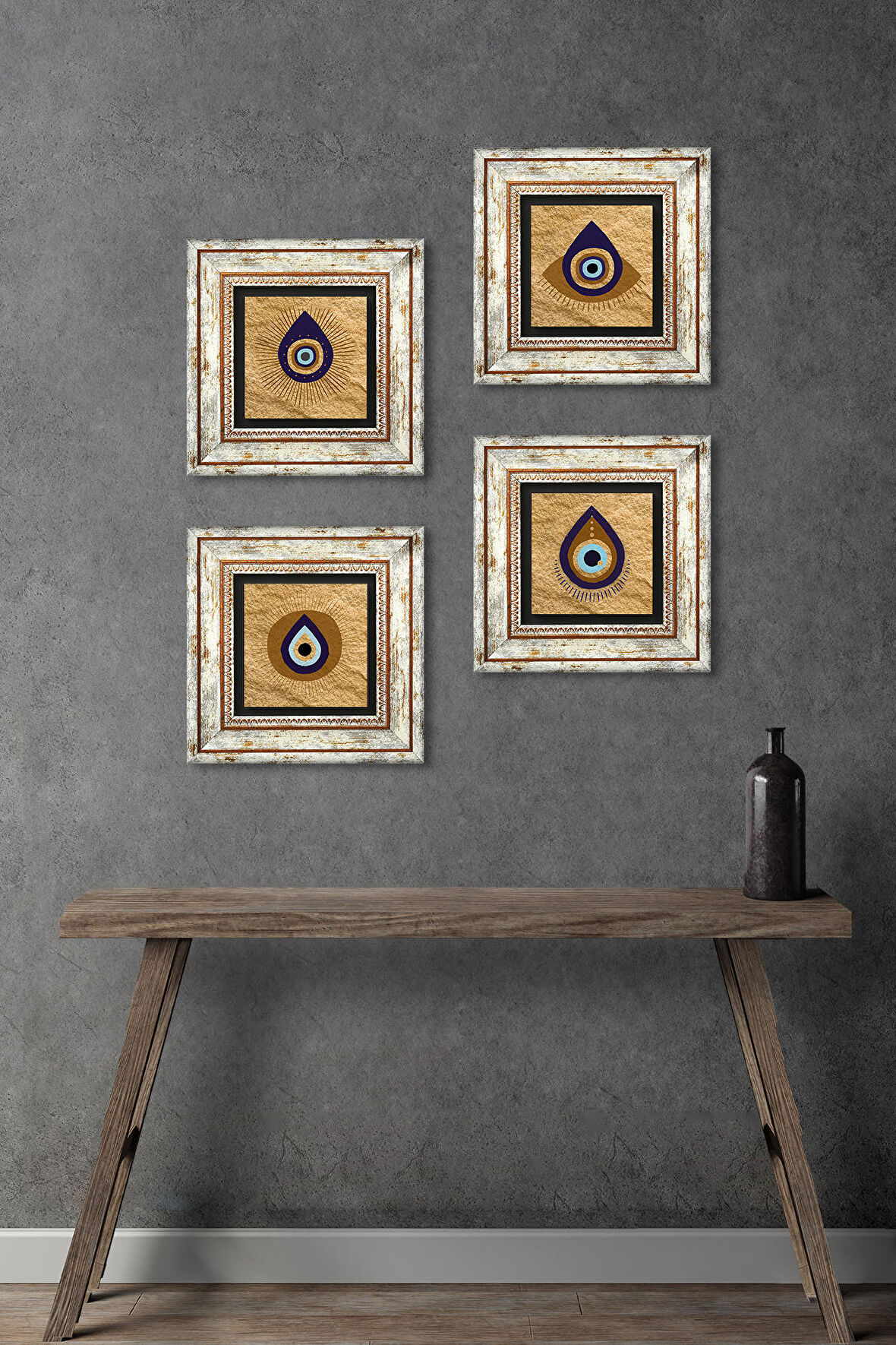Nazar Taş Duvar Tablosu Çerçeveli Duvar Dekoru 4 Parça Tablo Seti Wall Art