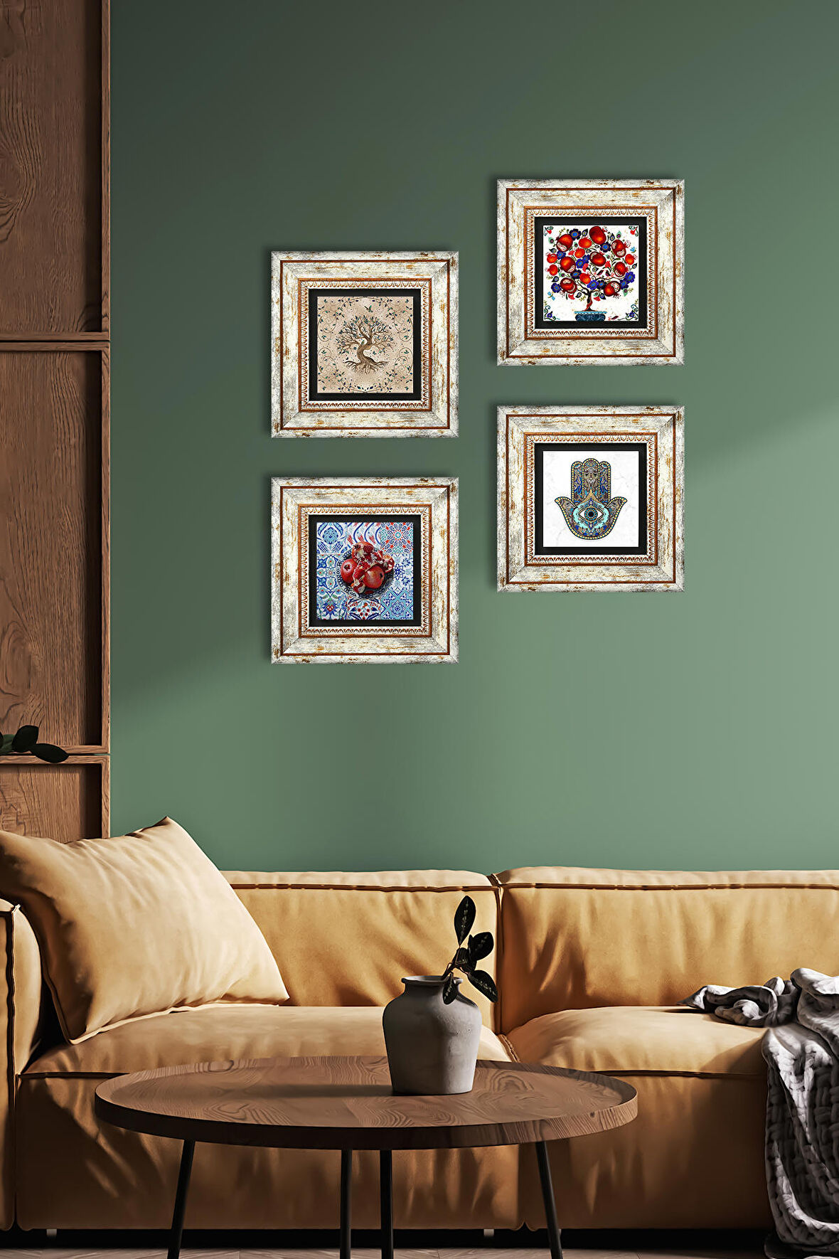 Hayat Ağacı, Nar, Nar Ağacı, Fatma Ana Eli (Hamsa) Taş Duvar Tablosu Çerçeveli Duvar Dekoru 4 Parça Tablo Seti Wall Art