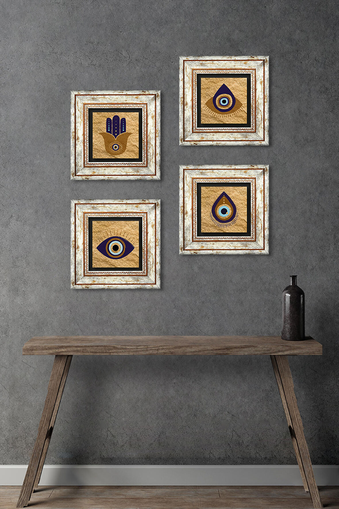Fatma Ana Eli (Hamsa), Nazar Taş Duvar Tablosu Çerçeveli Duvar Dekoru 4 Parça Tablo Seti Wall Art