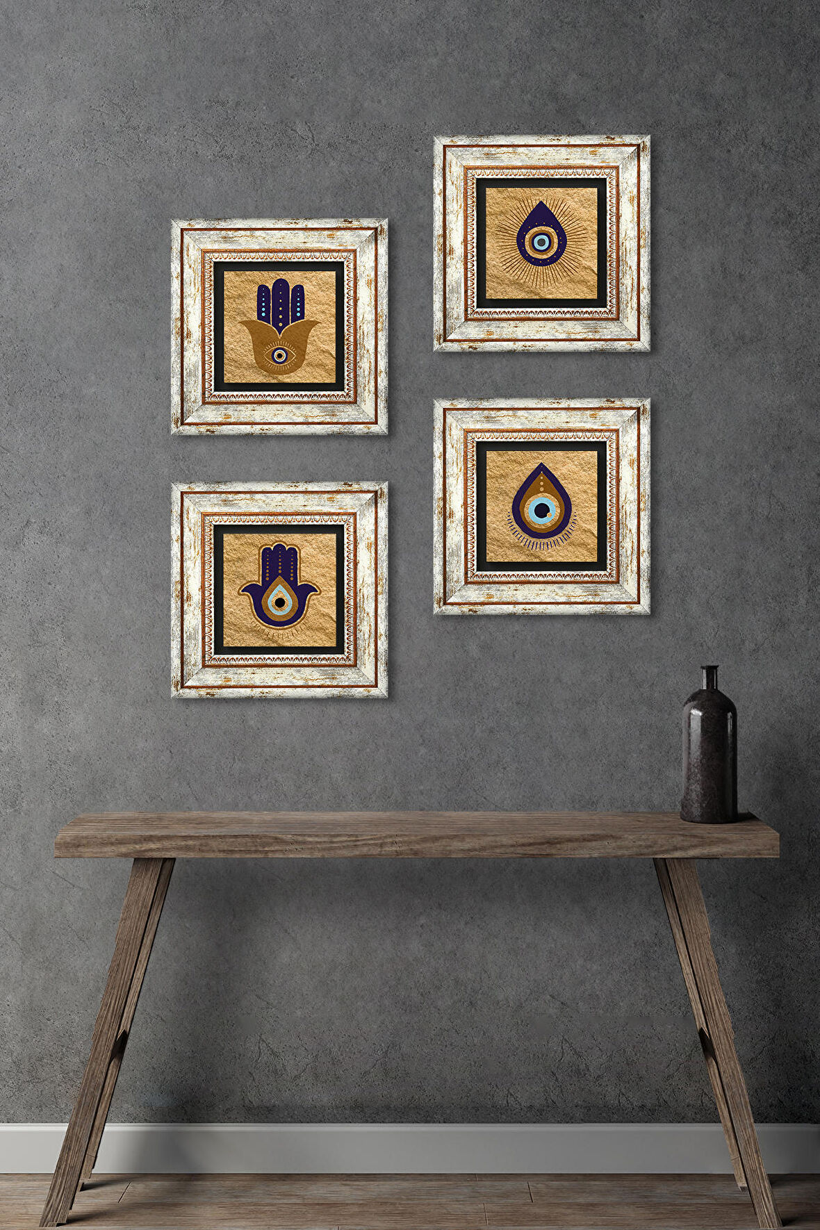 Fatma Ana Eli (Hamsa), Nazar Taş Duvar Tablosu Çerçeveli Duvar Dekoru 4 Parça Tablo Seti Wall Art