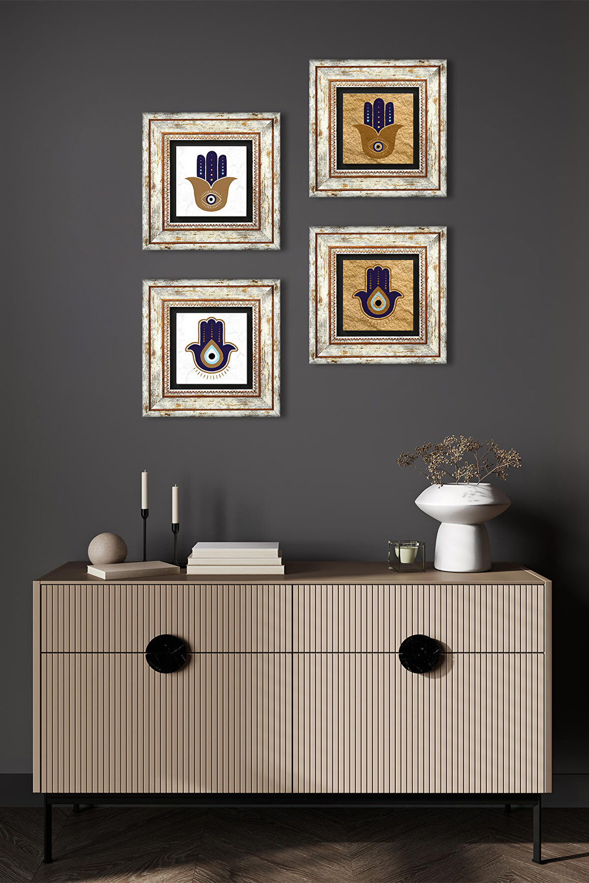 Fatma Ana Eli (Hamsa) Taş Duvar Tablosu Çerçeveli Duvar Dekoru 4 Parça Tablo Seti Wall Art