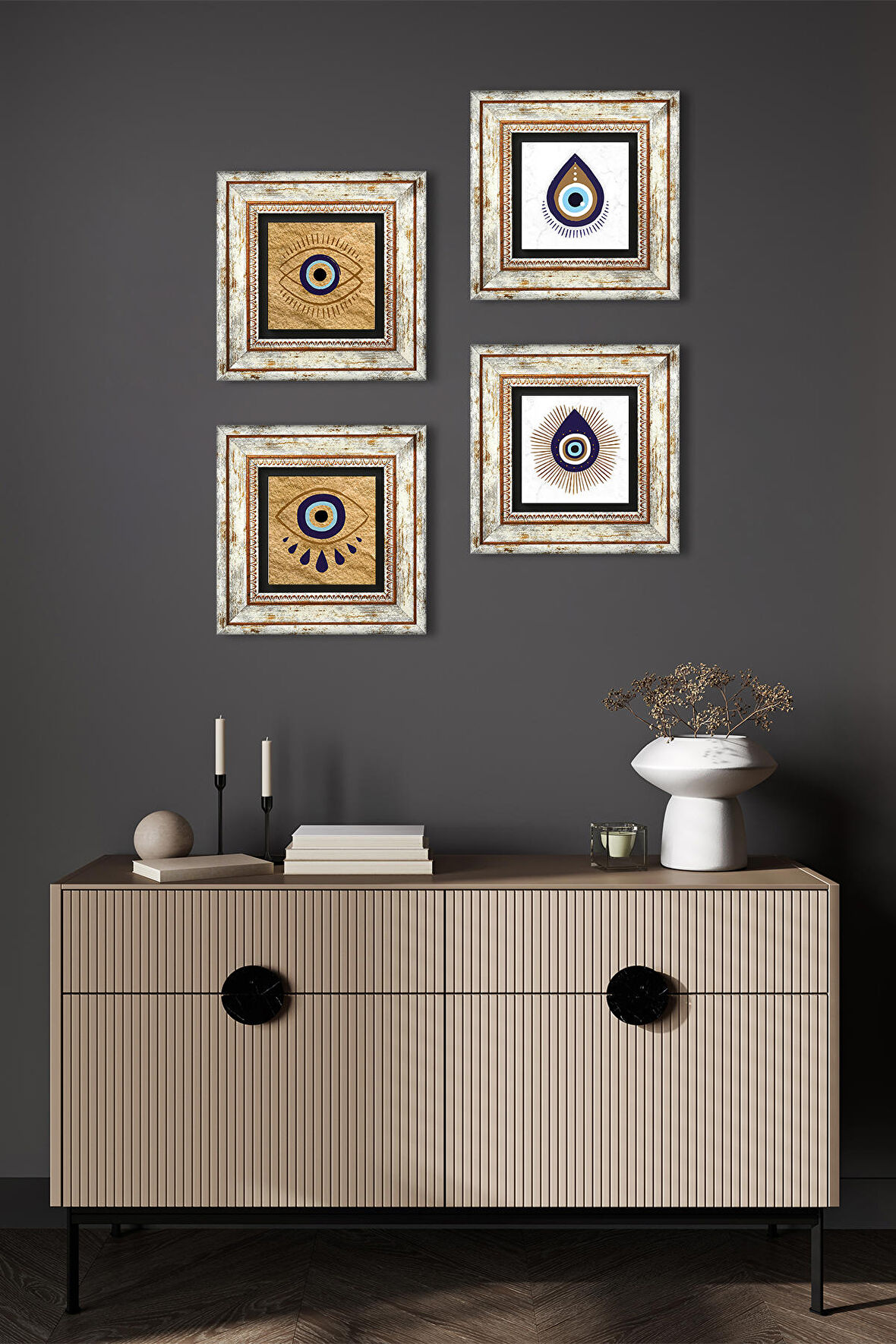 Nazar Taş Duvar Tablosu Çerçeveli Duvar Dekoru 4 Parça Tablo Seti Wall Art