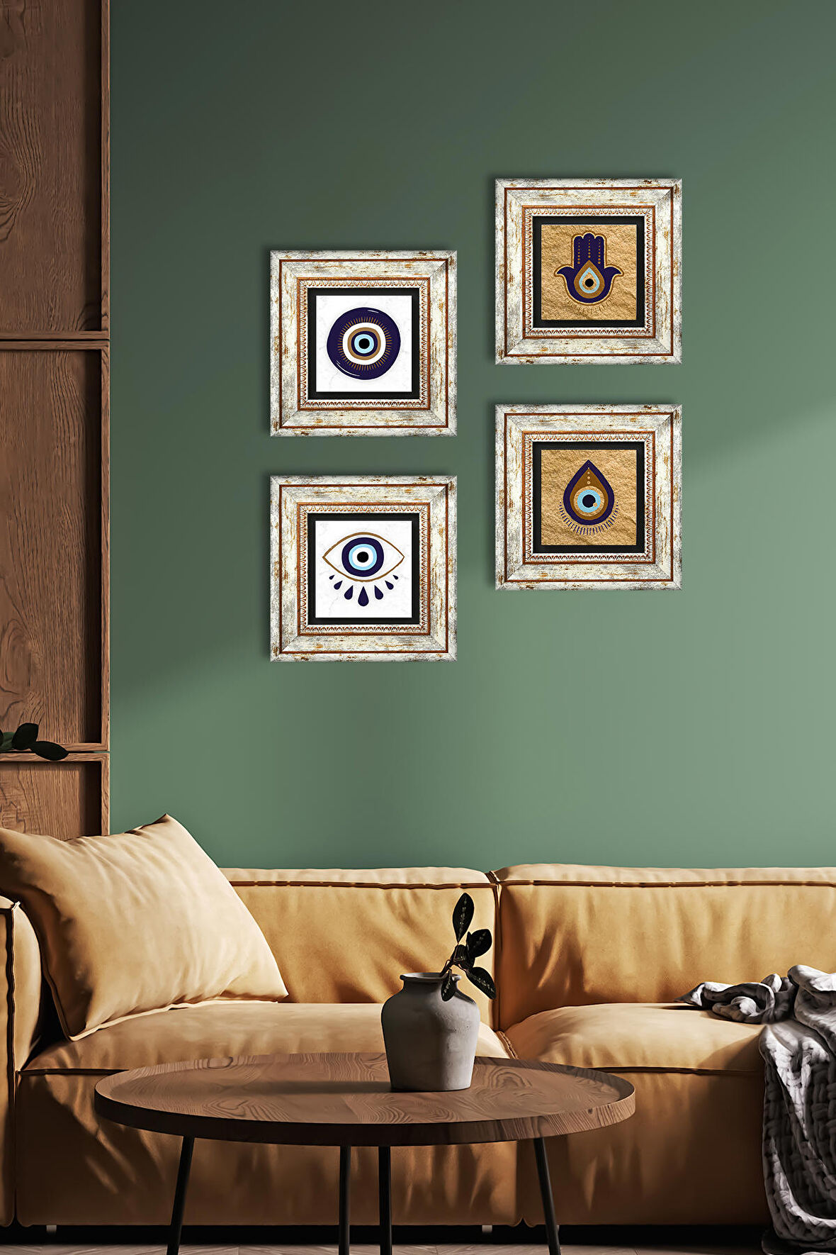 Fatma Ana Eli (Hamsa), Nazar Taş Duvar Tablosu Çerçeveli Duvar Dekoru 4 Parça Tablo Seti Wall Art