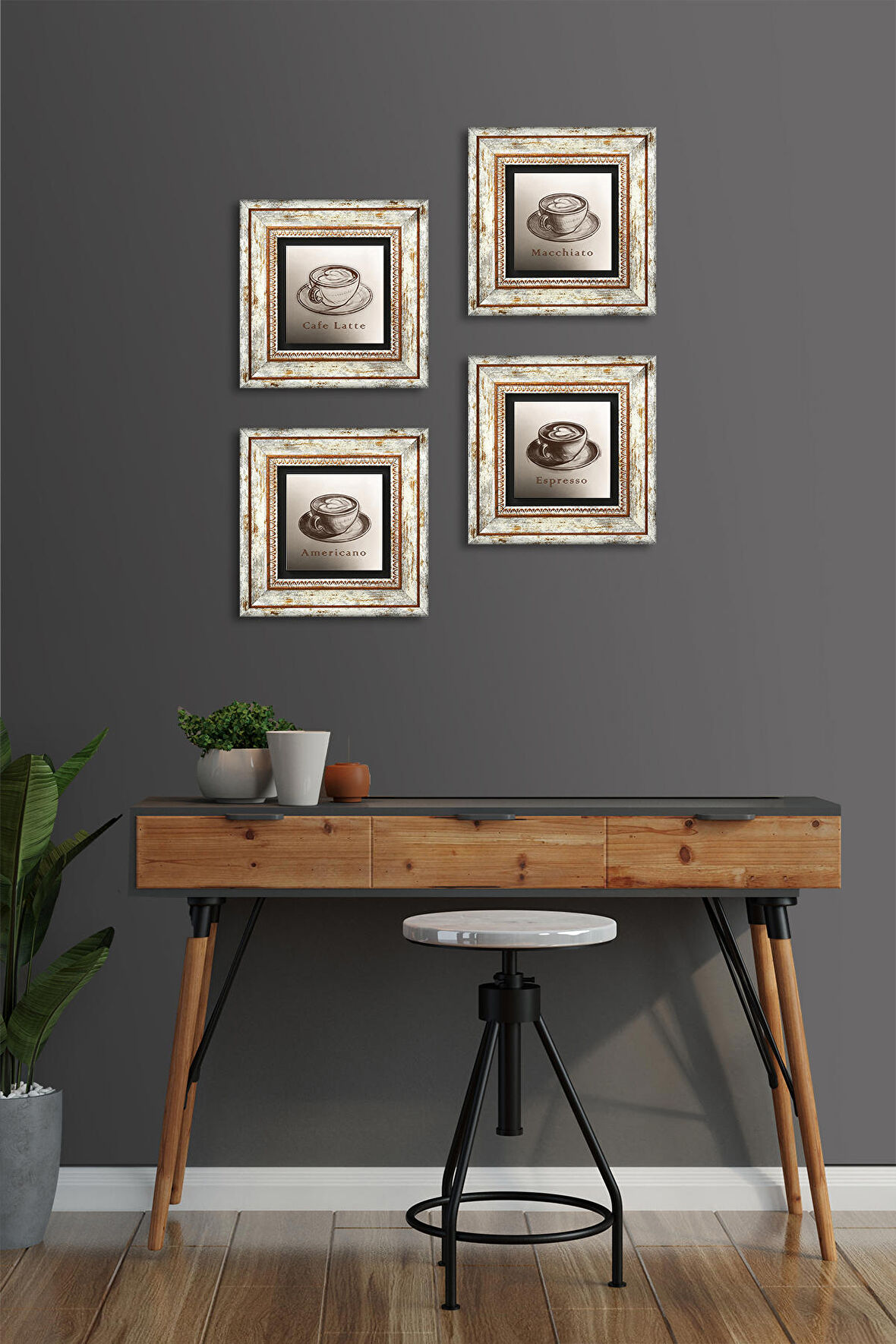 Kahve Taş Duvar Tablosu Çerçeveli Duvar Dekoru 4 Parça Tablo Seti Wall Art