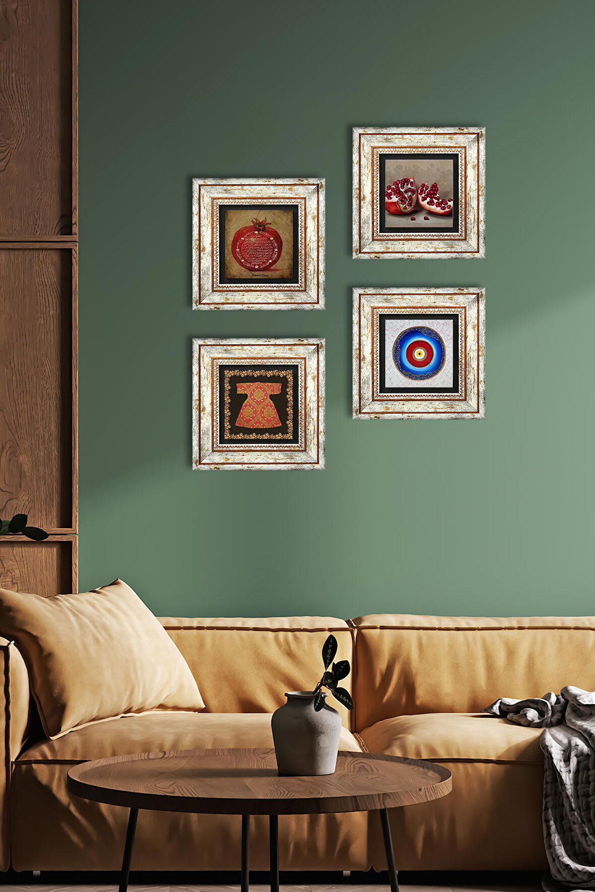 Nazar, Hırka-i Şerif, Bereket Duası, Nar Taş Duvar Tablosu Çerçeveli Duvar Dekoru 4 Parça Tablo Seti Wall Art