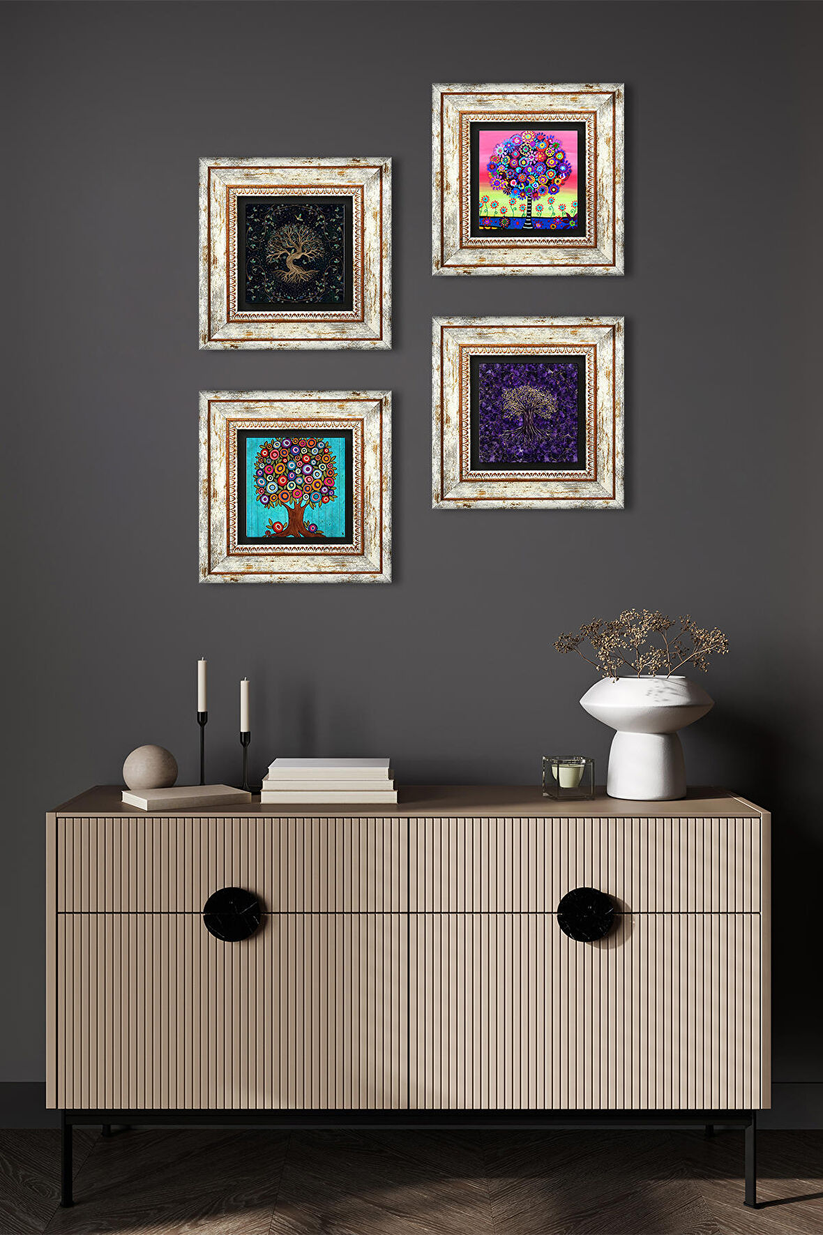 Hayat Ağacı Taş Duvar Tablosu Çerçeveli Duvar Dekoru 4 Parça Tablo Seti Wall Art