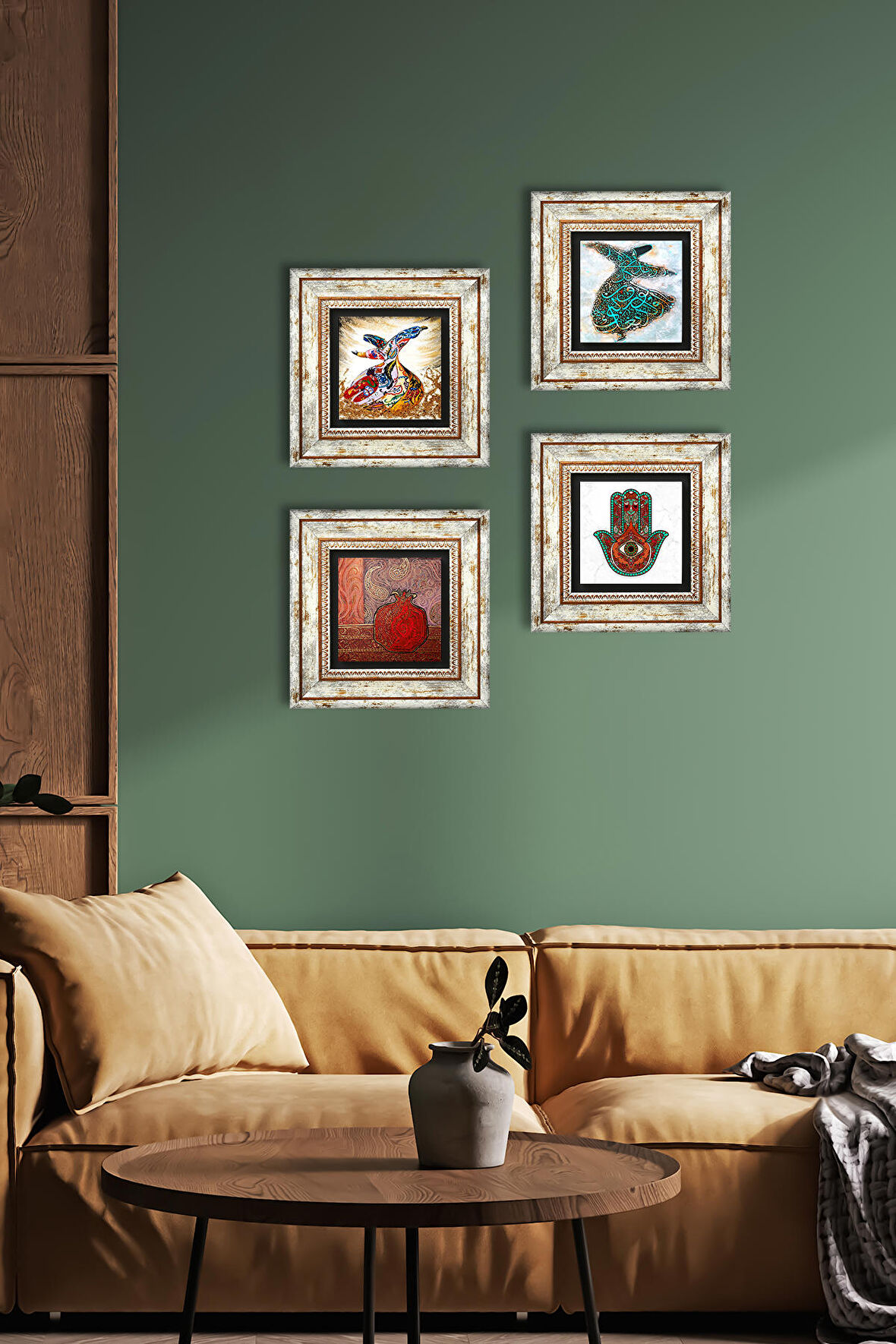 Fatma Ana Eli (Hamsa), Nar, Semazen Taş Duvar Tablosu Çerçeveli Duvar Dekoru 4 Parça Tablo Seti Wall Art