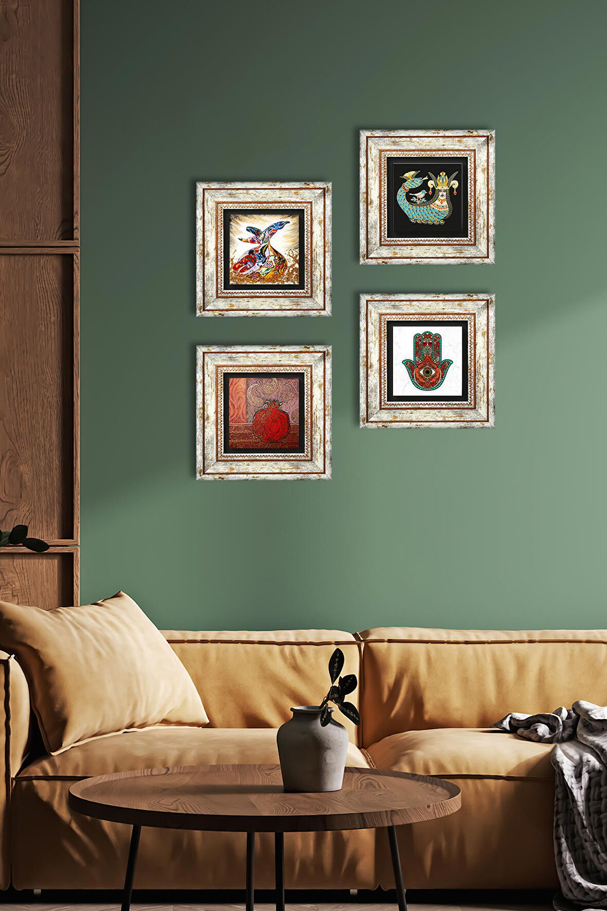 Fatma Ana Eli (Hamsa), Nar, Şahmeran, Semazen Taş Duvar Tablosu Çerçeveli Duvar Dekoru 4 Parça Tablo Seti Wall Art