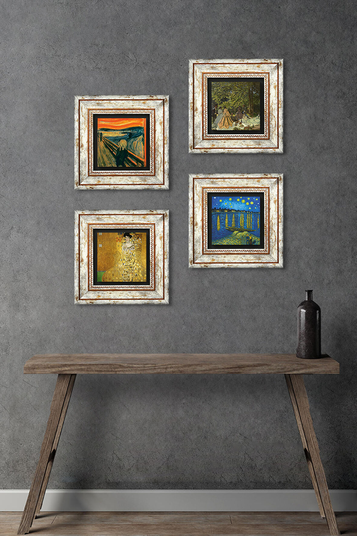 Van Gogh, Gustav Klimt, Claude Monet, Çığlık Taş Duvar Tablosu Çerçeveli Duvar Dekoru 4 Parça Tablo Seti Wall Art