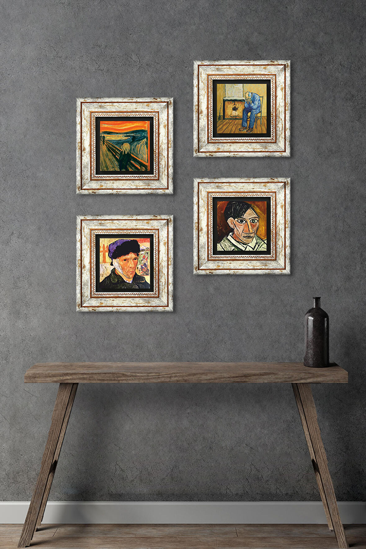Picasso, Van Gogh, Çığlık Taş Duvar Tablosu Çerçeveli Duvar Dekoru 4 Parça Tablo Seti Wall Art