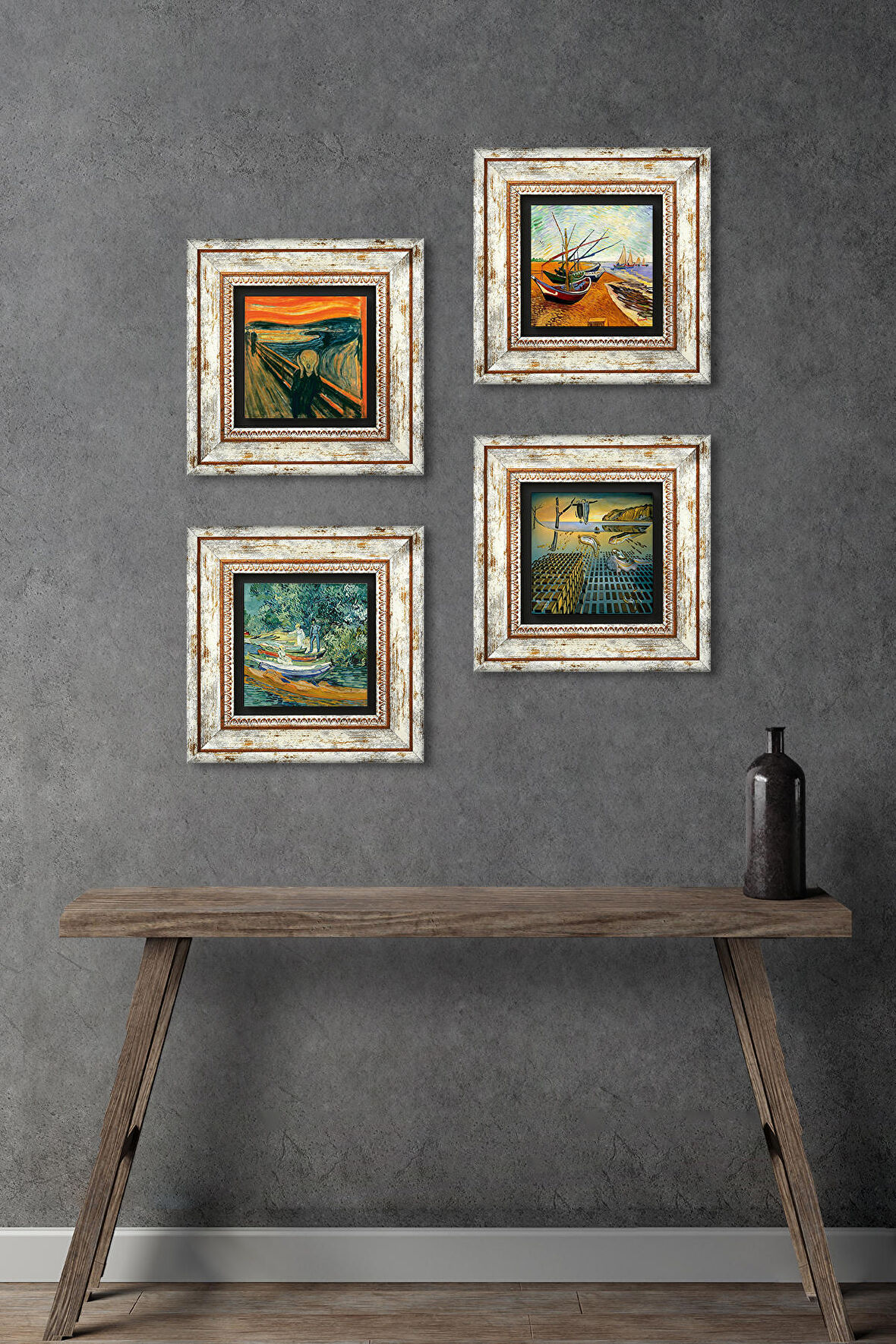 Salvador Dalí, Van Gogh, Çığlık Taş Duvar Tablosu Çerçeveli Duvar Dekoru 4 Parça Tablo Seti Wall Art