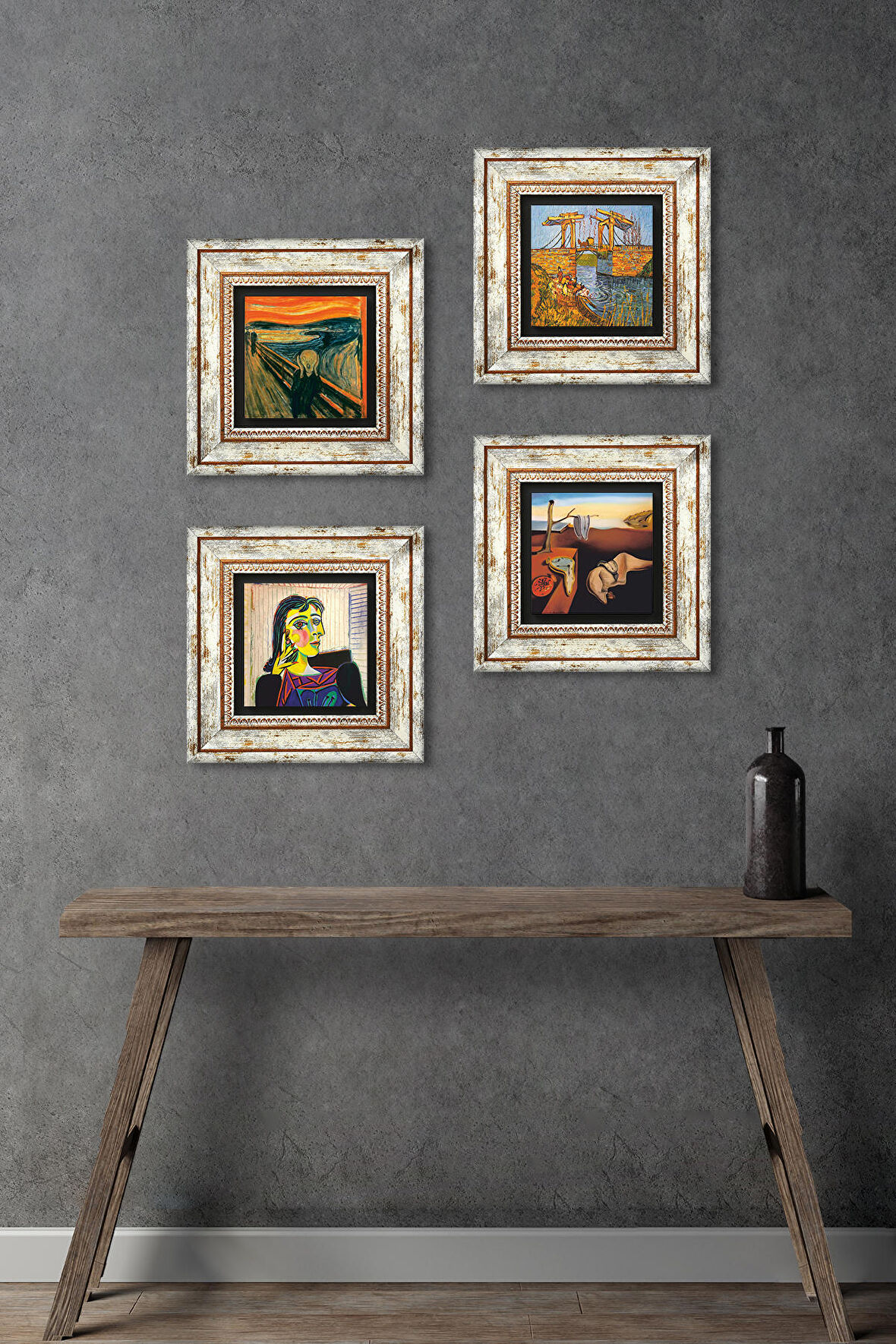 Salvador Dalí, Picasso, Van Gogh, Çığlık Taş Duvar Tablosu Çerçeveli Duvar Dekoru 4 Parça Tablo Seti Wall Art