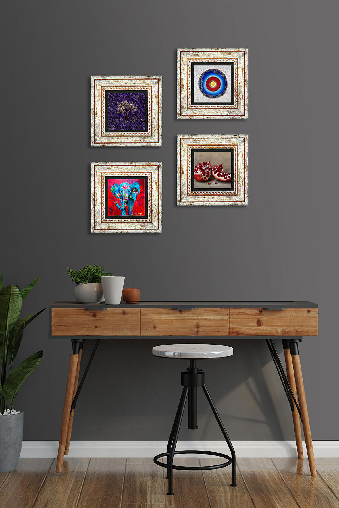 Nazar, Hayat Ağacı, Fil, Nar Taş Duvar Tablosu Çerçeveli Duvar Dekoru 4 Parça Tablo Seti Wall Art