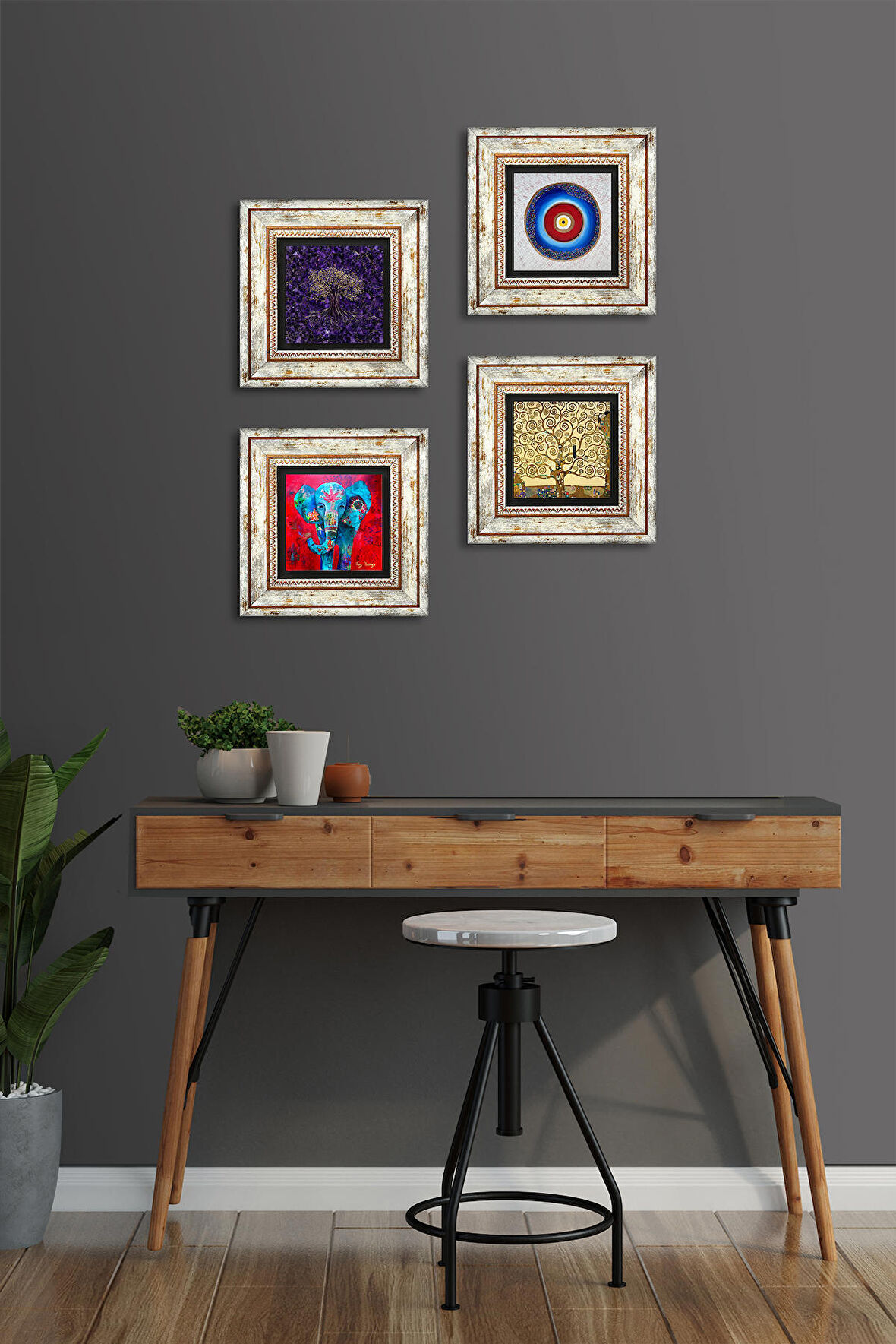 Nazar, Hayat Ağacı, Fil Taş Duvar Tablosu Çerçeveli Duvar Dekoru 4 Parça Tablo Seti Wall Art