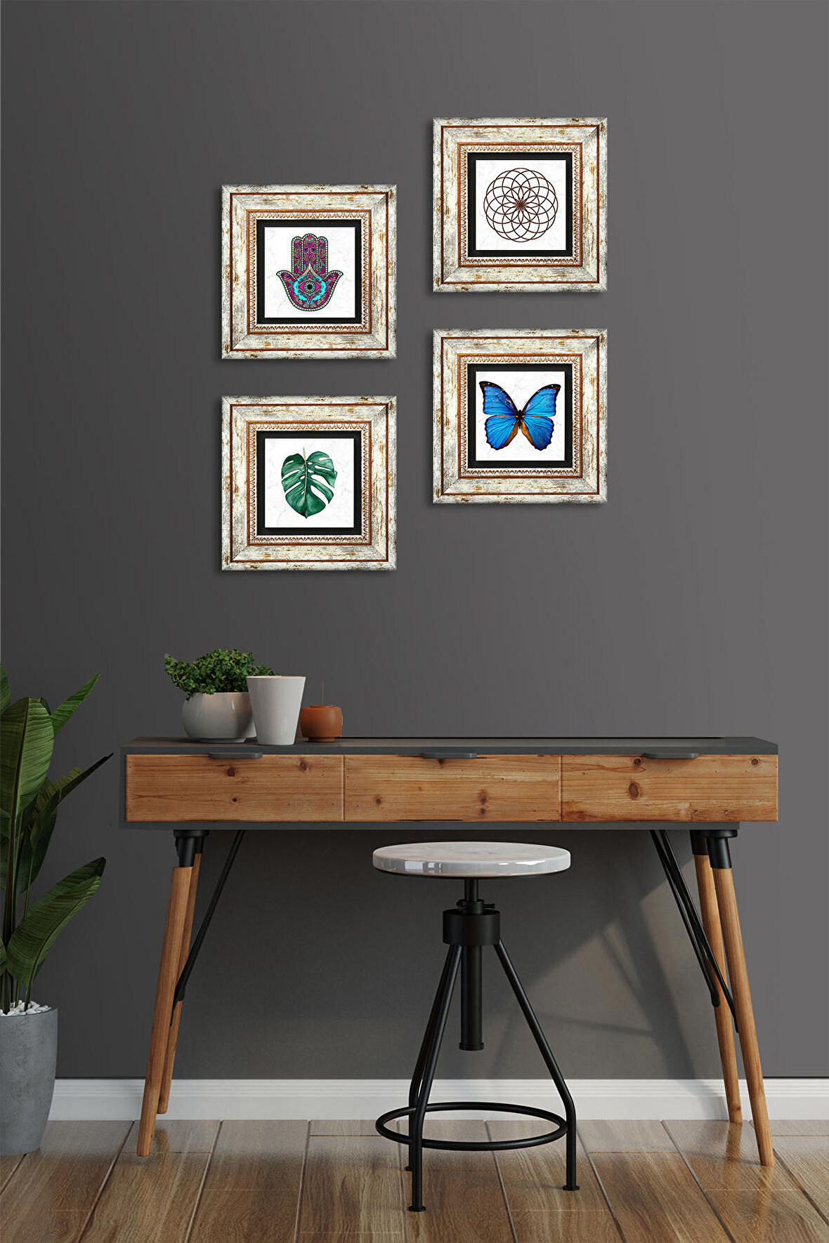 Kelebek, Yaprak, Yaşam Çiçeği, Fatma Ana Eli (Hamsa) Taş Duvar Tablosu Çerçeveli Duvar Dekoru 4 Parça Tablo Seti Wall Art