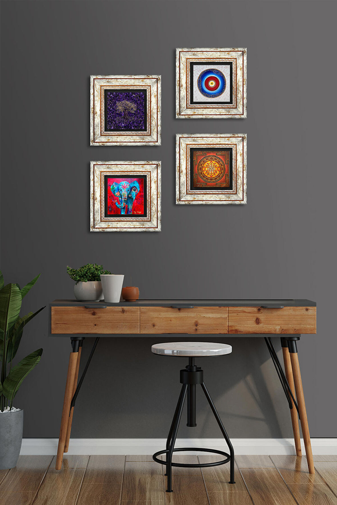 Nazar, Hayat Ağacı, Fil, Sri Yantra Taş Duvar Tablosu Çerçeveli Duvar Dekoru 4 Parça Tablo Seti Wall Art