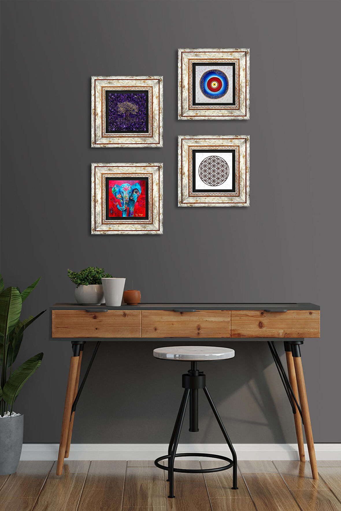 Nazar, Hayat Ağacı, Fil, Yaşam Çiçeği Taş Duvar Tablosu Çerçeveli Duvar Dekoru 4 Parça Tablo Seti Wall Art