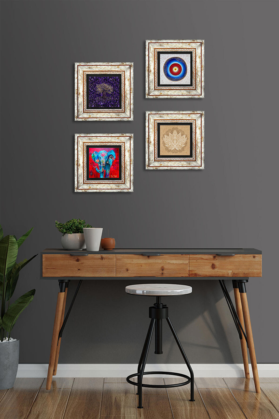 Nazar, Hayat Ağacı, Fil, Lotus Çiçeği Taş Duvar Tablosu Çerçeveli Duvar Dekoru 4 Parça Tablo Seti Wall Art