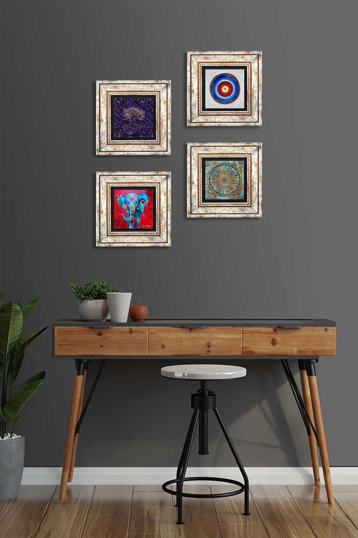 Nazar, Hayat Ağacı, Fil, Yaşam Çiçeği Taş Duvar Tablosu Çerçeveli Duvar Dekoru 4 Parça Tablo Seti Wall Art