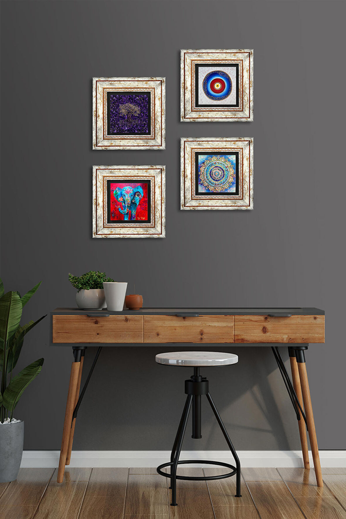 Nazar, Mandala, Hayat Ağacı, Fil Taş Duvar Tablosu Çerçeveli Duvar Dekoru 4 Parça Tablo Seti Wall Art