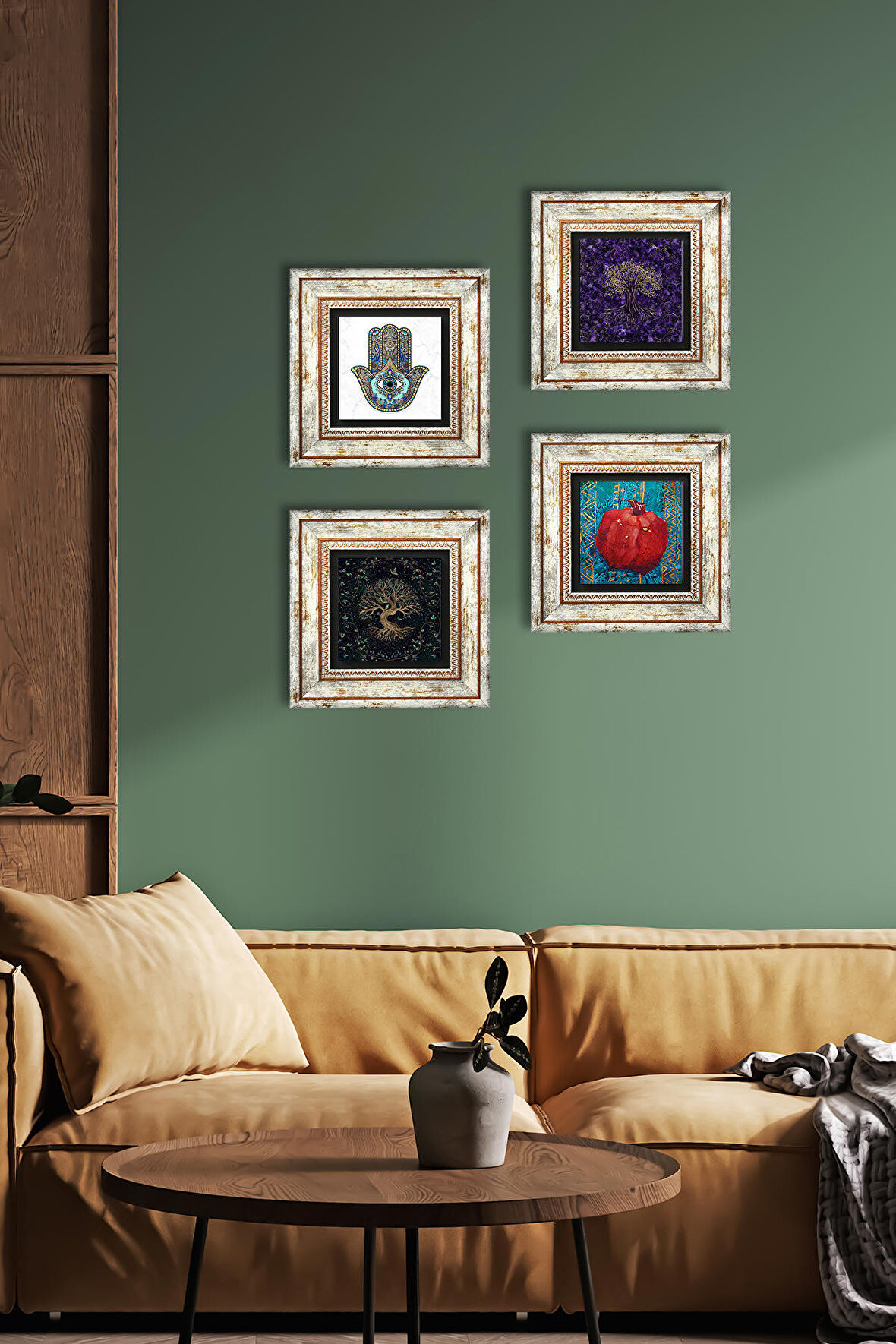 Hayat Ağacı, Nar, Fatma Ana Eli (Hamsa) Taş Duvar Tablosu Çerçeveli Duvar Dekoru 4 Parça Tablo Seti Wall Art