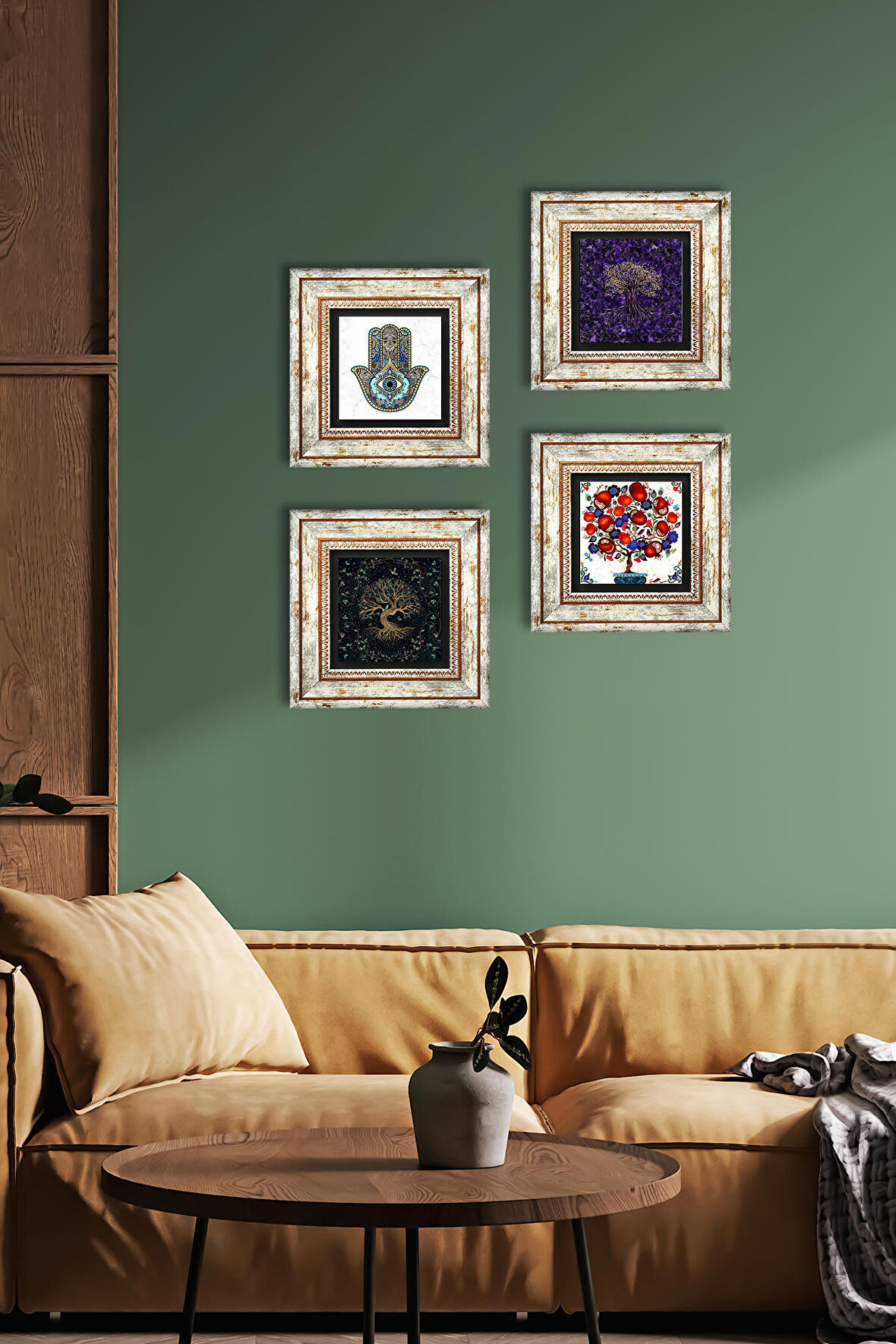 Hayat Ağacı, Nar Ağacı, Fatma Ana Eli (Hamsa) Taş Duvar Tablosu Çerçeveli Duvar Dekoru 4 Parça Tablo Seti Wall Art