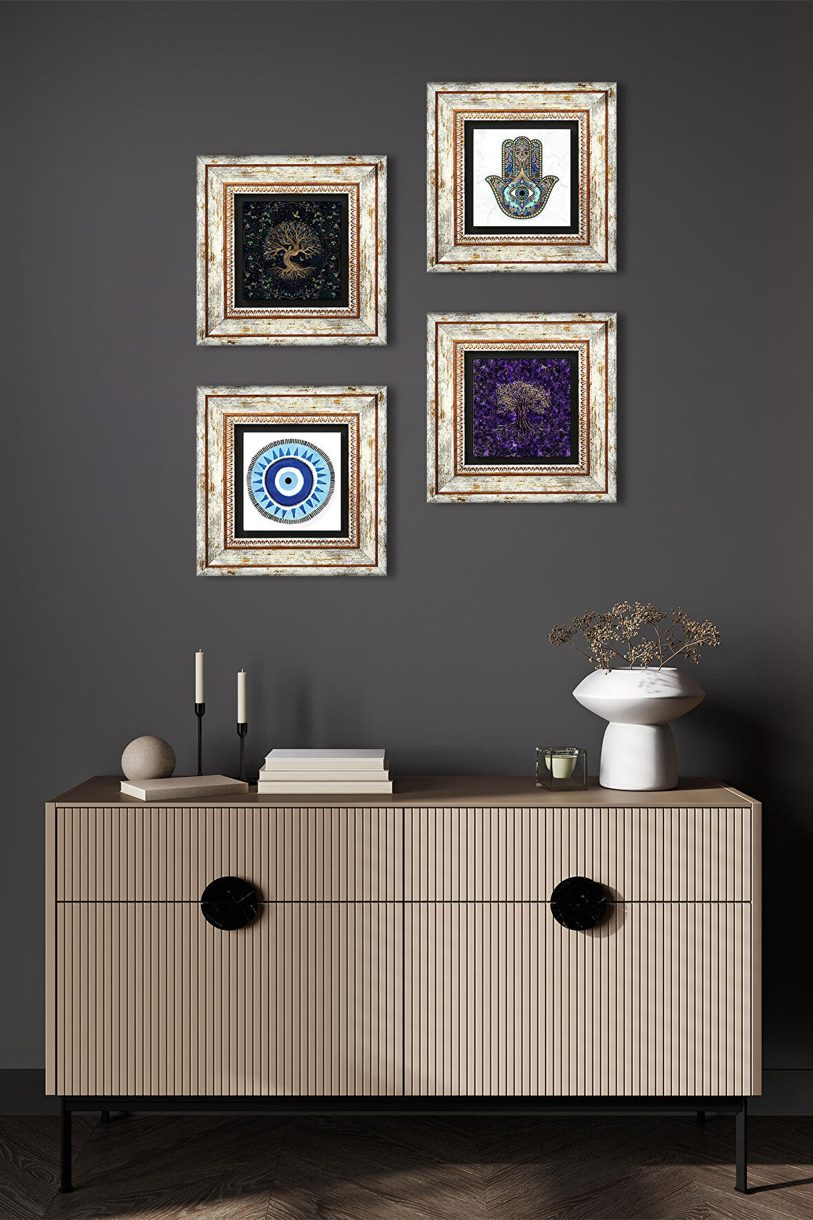 Nazar, Hayat Ağacı, Fatma Ana Eli (Hamsa) Taş Duvar Tablosu Çerçeveli Duvar Dekoru 4 Parça Tablo Seti Wall Art