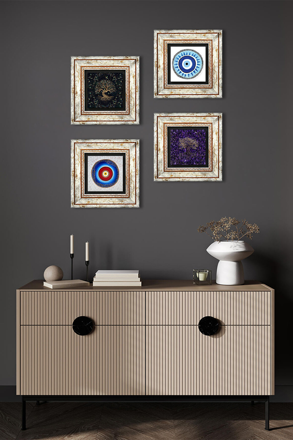 Nazar, Hayat Ağacı Taş Duvar Tablosu Çerçeveli Duvar Dekoru 4 Parça Tablo Seti Wall Art