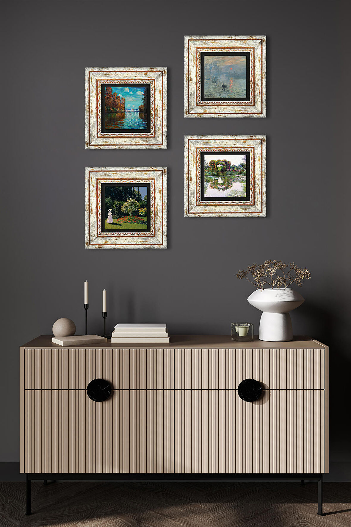 Monet Sonbahar, Gül Çiçekli Kemer, Bahçedeki Kadın, Gün Doğumu Taş Duvar Tablosu Çerçeveli Duvar Dekoru 4 Parça Tablo Seti Wall Art