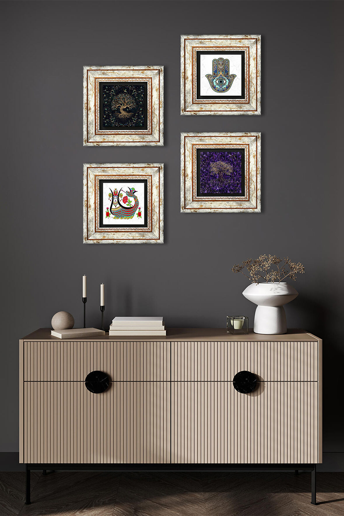 Şahmeran, Hayat Ağacı, Fatma Ana Eli (Hamsa) Taş Duvar Tablosu Çerçeveli Duvar Dekoru 4 Parça Tablo Seti Wall Art