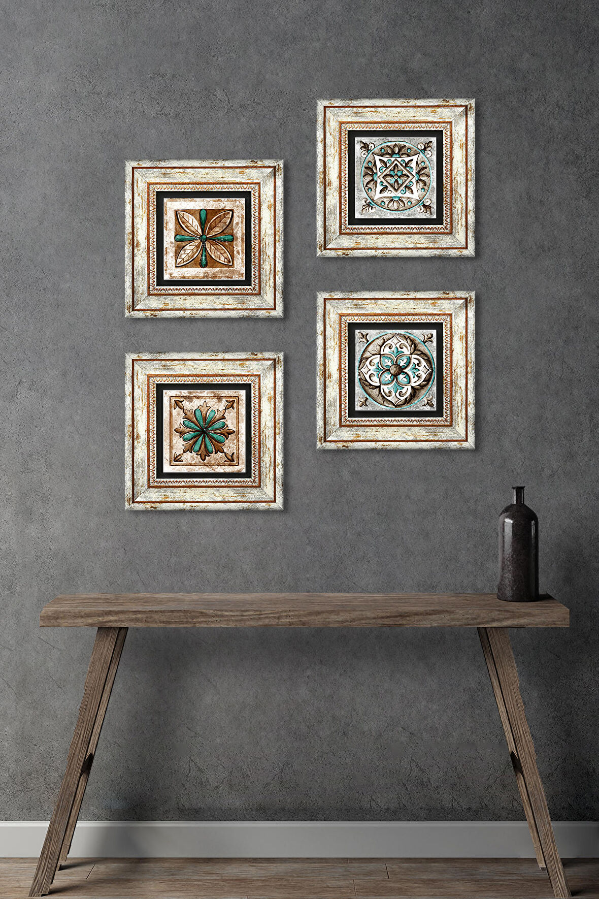 Fas Desenli Vintage, Çini Sanatı Taş Duvar Tablosu Çerçeveli Duvar Dekoru 4 Parça Tablo Seti Wall Art