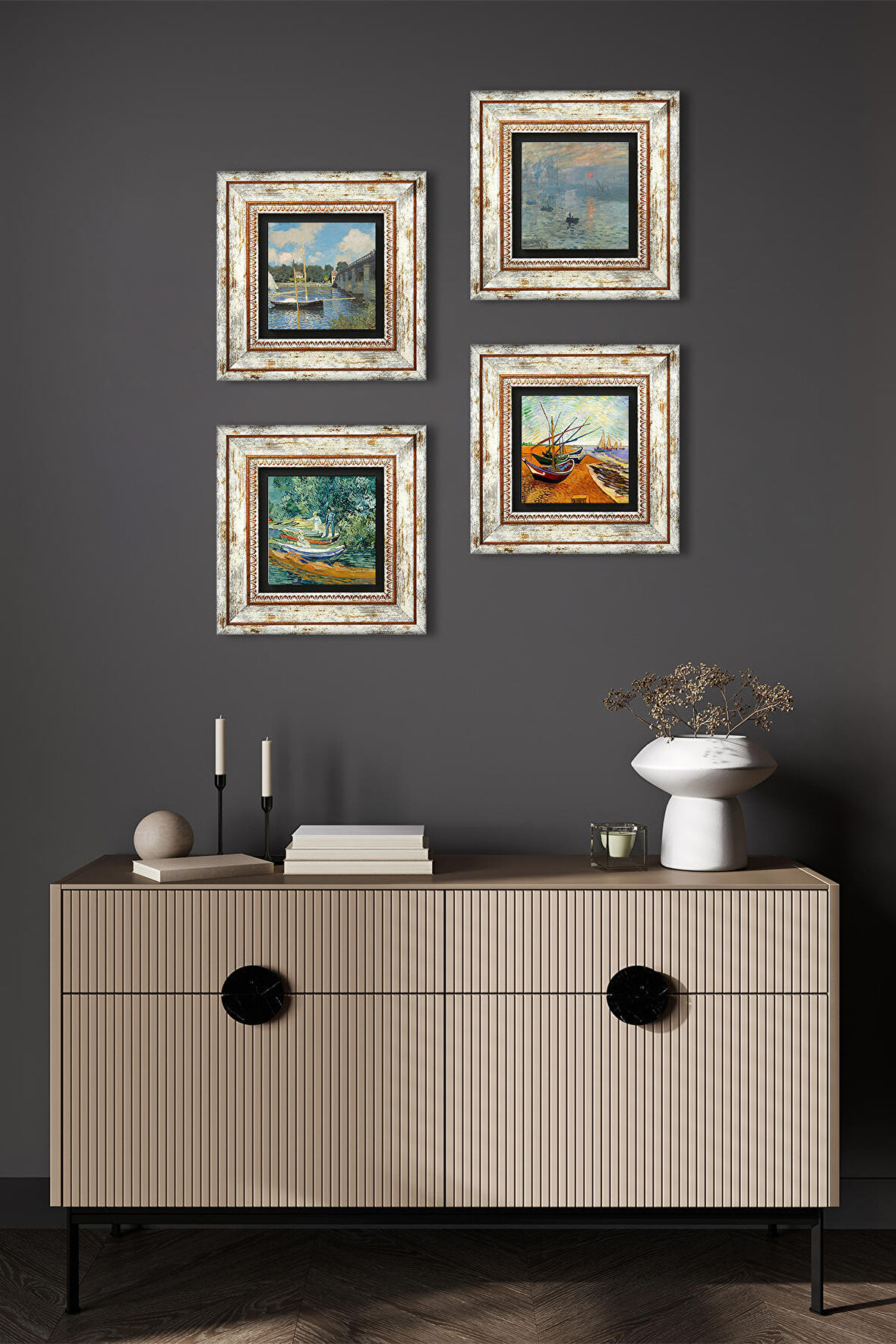 Van Gogh, Claude Monet Taş Duvar Tablosu Çerçeveli Duvar Dekoru 4 Parça Tablo Seti Wall Art