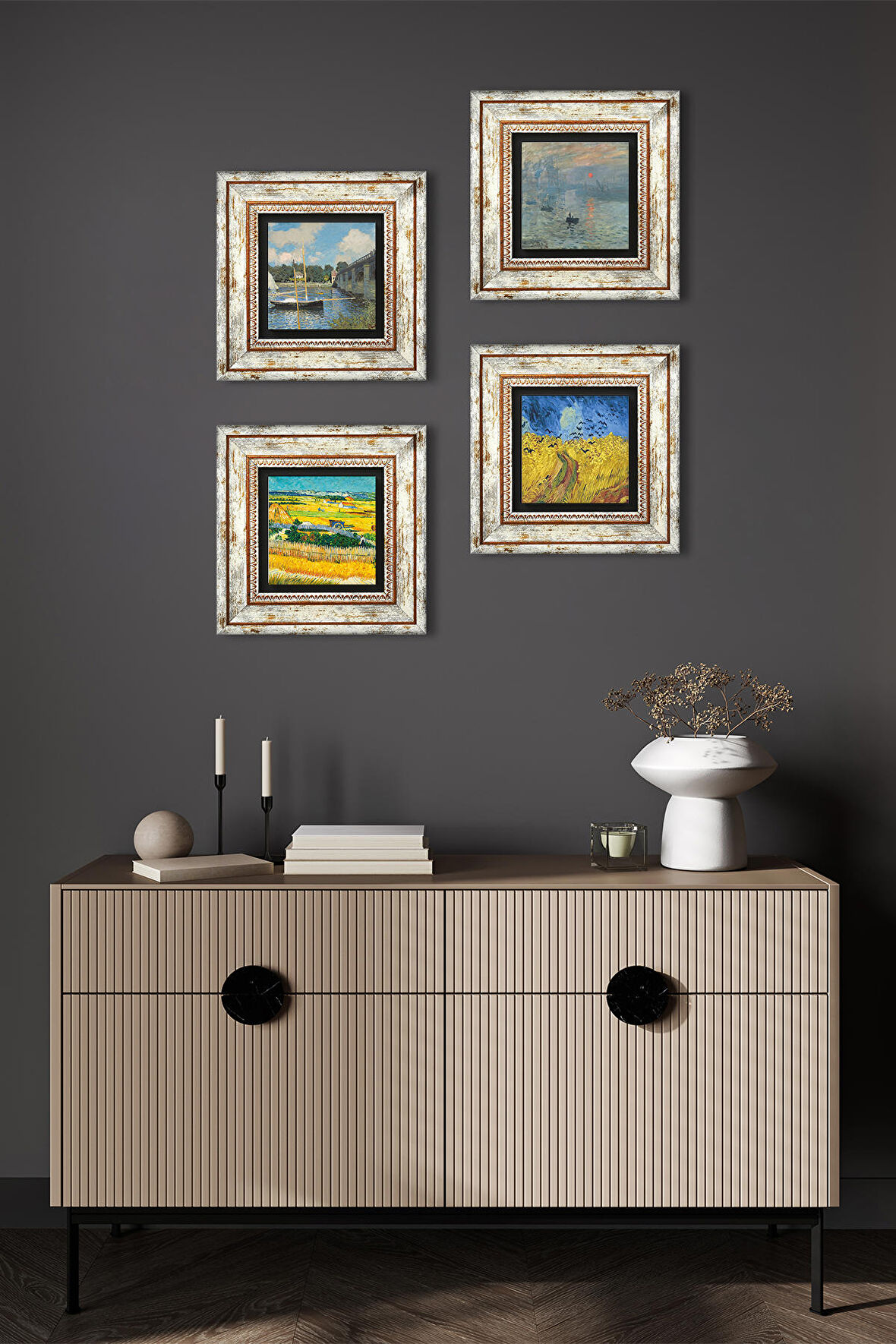 Van Gogh, Claude Monet Taş Duvar Tablosu Çerçeveli Duvar Dekoru 4 Parça Tablo Seti Wall Art