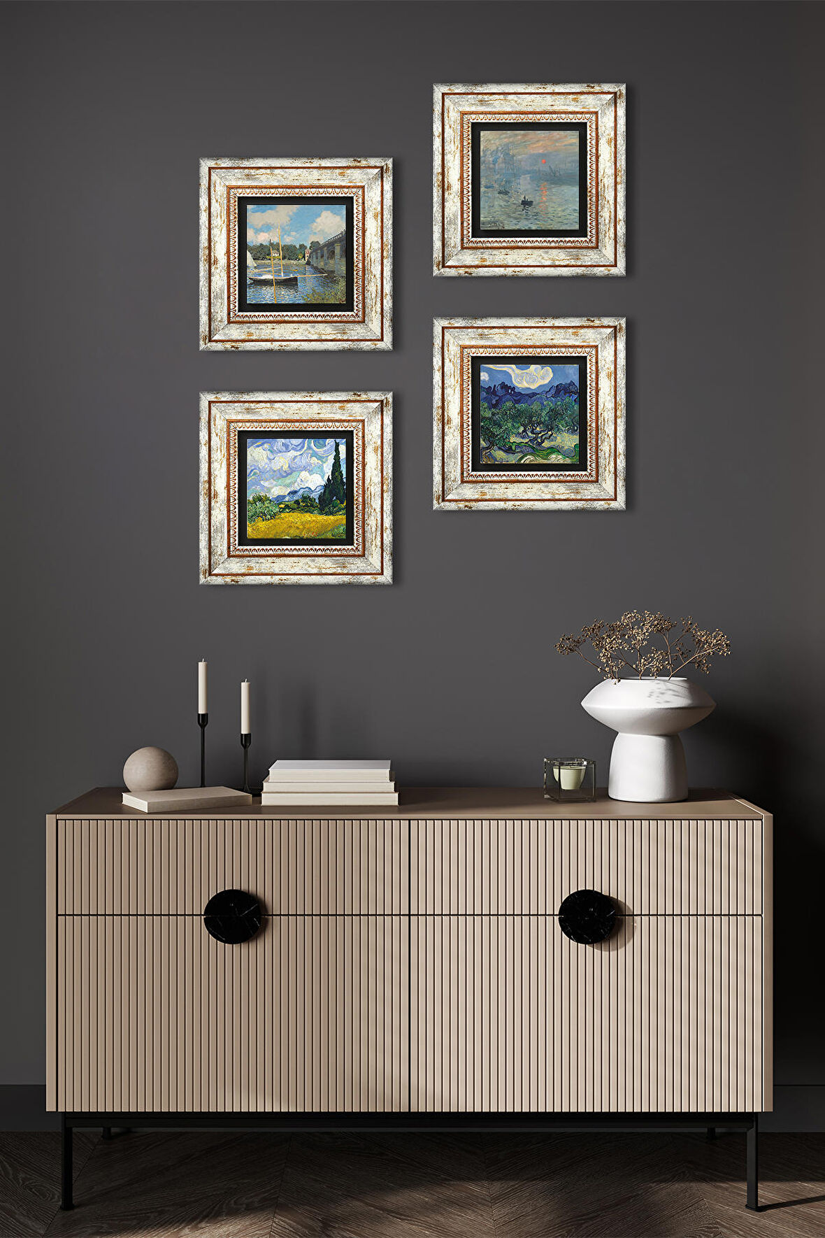 Van Gogh, Claude Monet Taş Duvar Tablosu Çerçeveli Duvar Dekoru 4 Parça Tablo Seti Wall Art